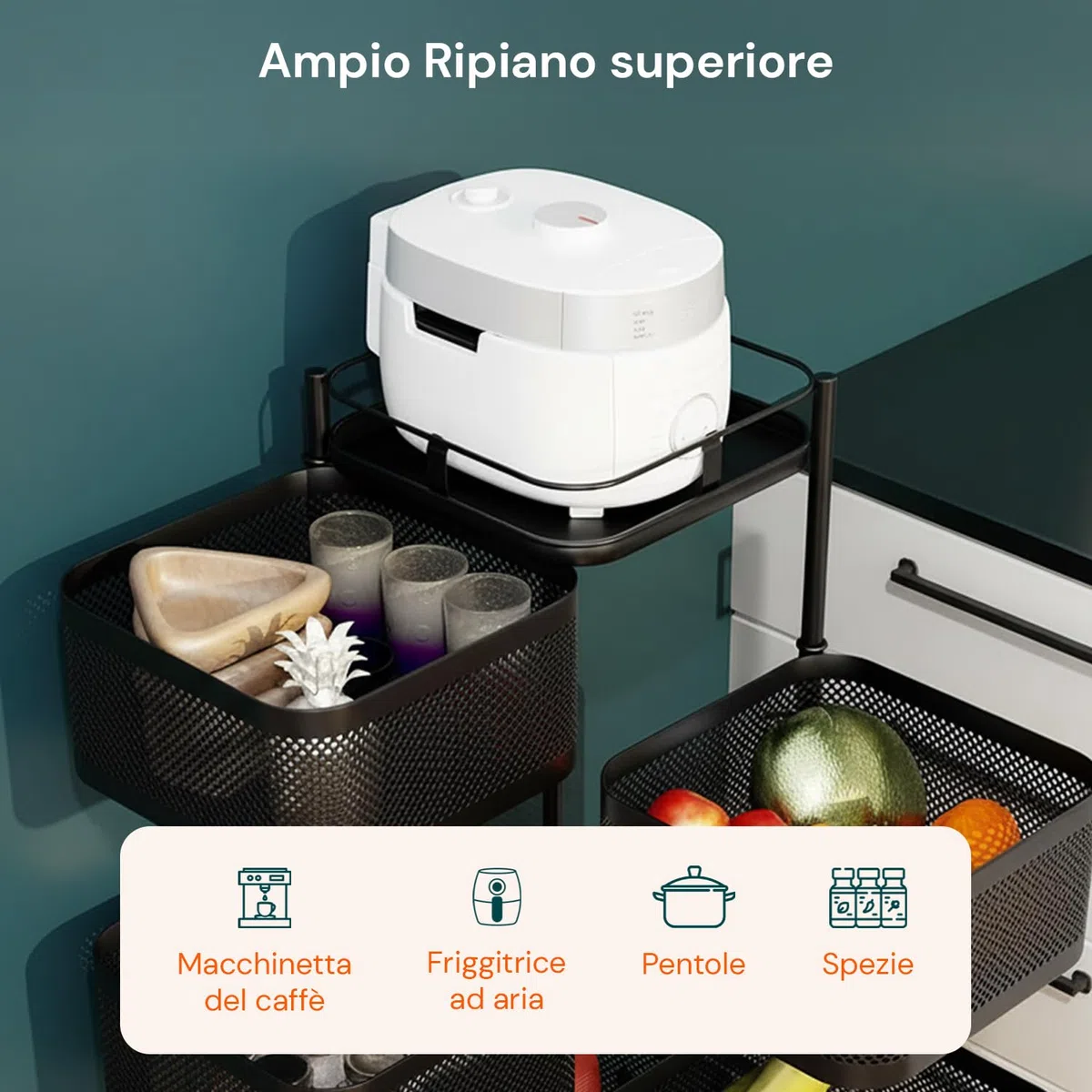 Avilia - Carrello con Ruote Portatutto Richiudibile Multiuso con Cestelli Capienti e Struttura Salvaspazio per Cucina Bagno e Ufficio Design Pieghevole con Ruote Frenanti Nero Quadrato 5 Cestelli