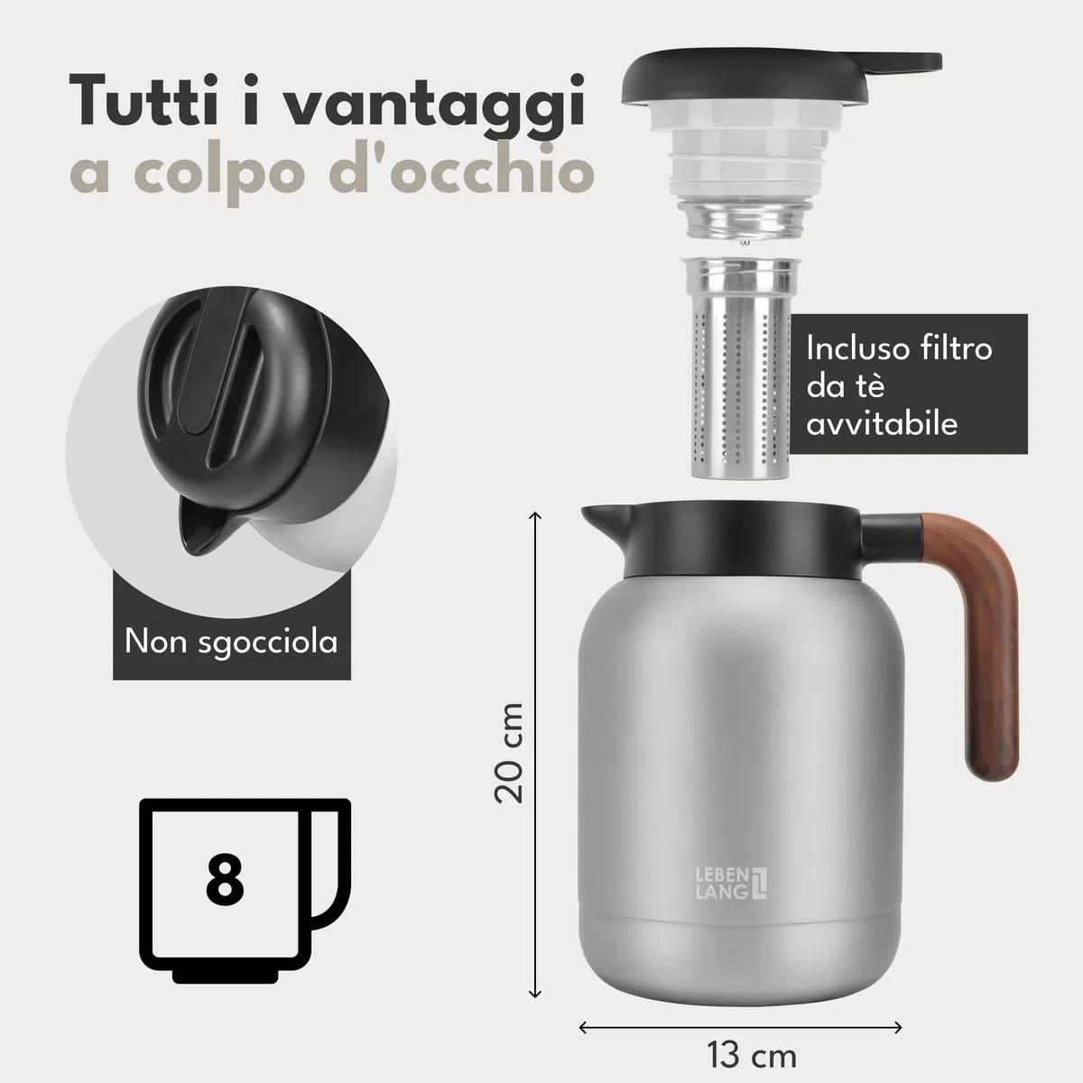 LEBENLANG Thermos caffe 1,5 litri Grigio - Rivestimento ceramico & senza BPA I 24 ore al caldo & Incl. filtro da tè I Termos caffè Caraffa termica Termus per te caldo grande Teiera