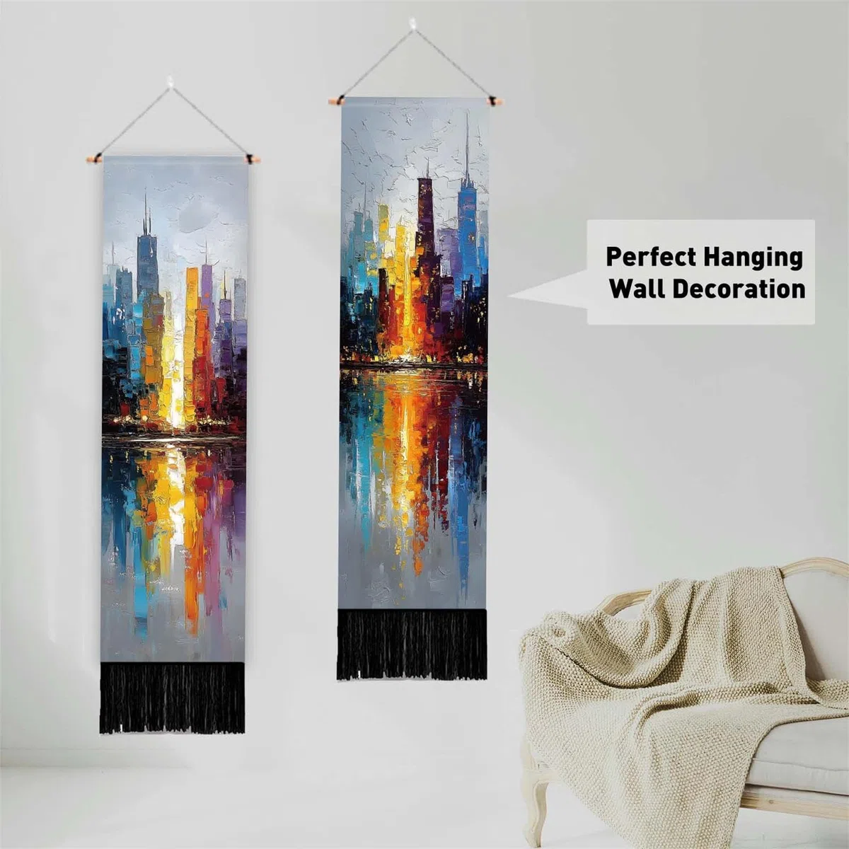PLIGREAT Confezione da 2 arazzi moderni con dipinti ad olio dipinti a mano, paesaggio urbano lungo con nappe, arazzo decorativo estetico verticale, per camera da letto, soggiorno, decorazione della