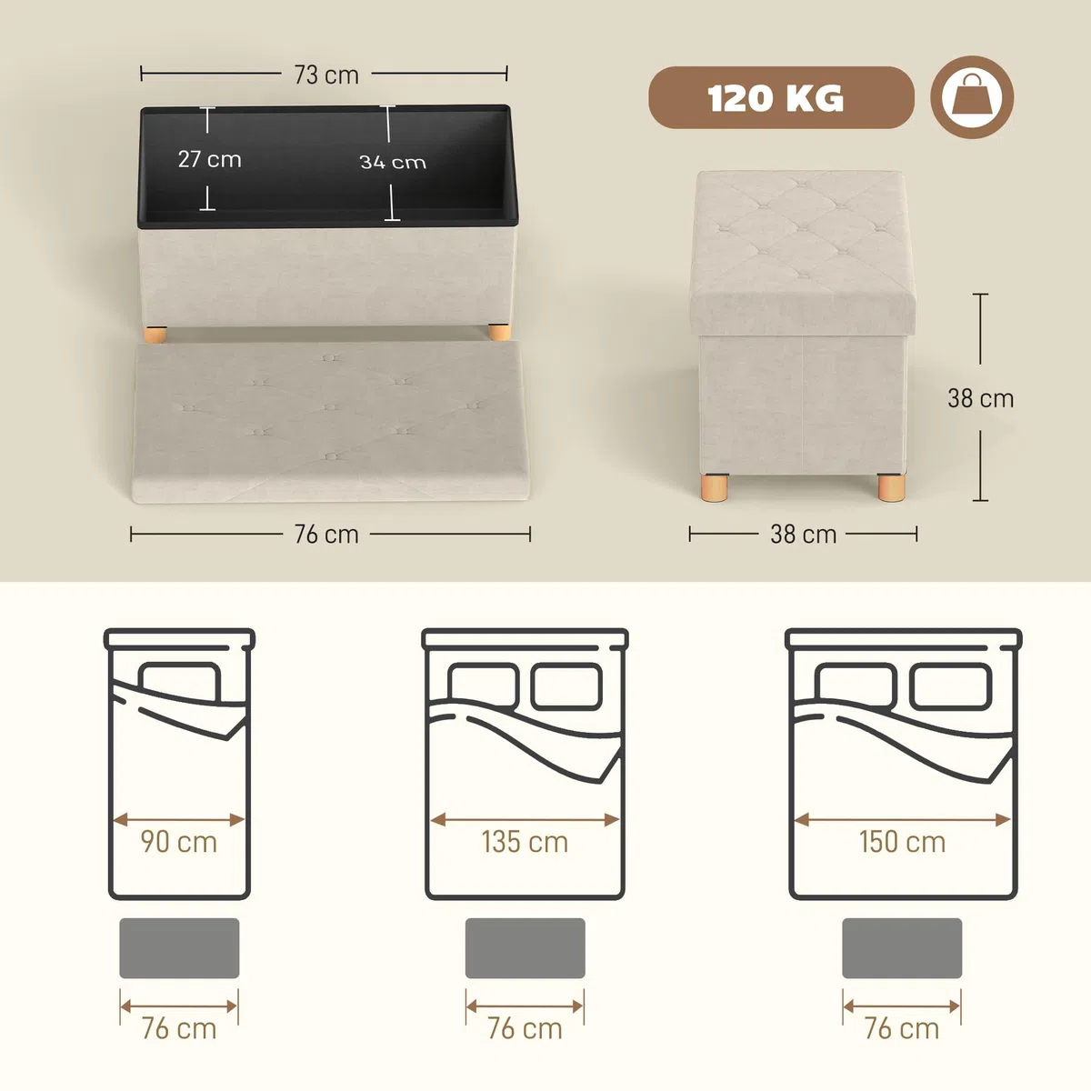 HOMCOM Panca Contenitore Pieghevole da 67L, Panca Fondoletto con Coperchio Imbottito e Rivestimento Vellutato, per Soggiorno, Camera da Letto e Ingresso, 76x38x38cm, Bianco Crema