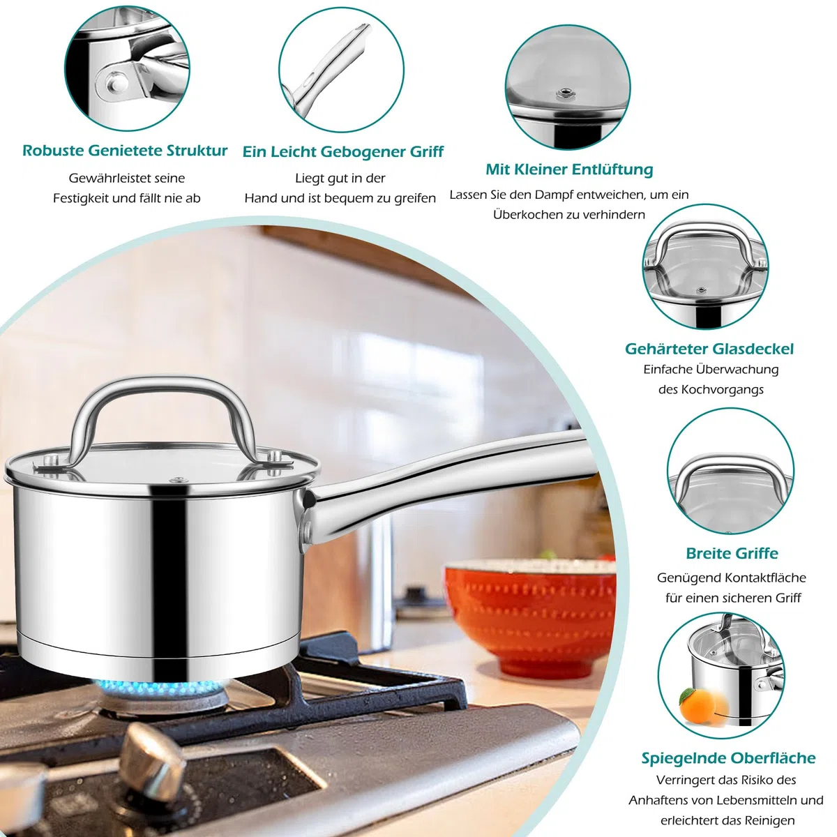 Homikit Casseruola da 18 cm, in acciaio inox