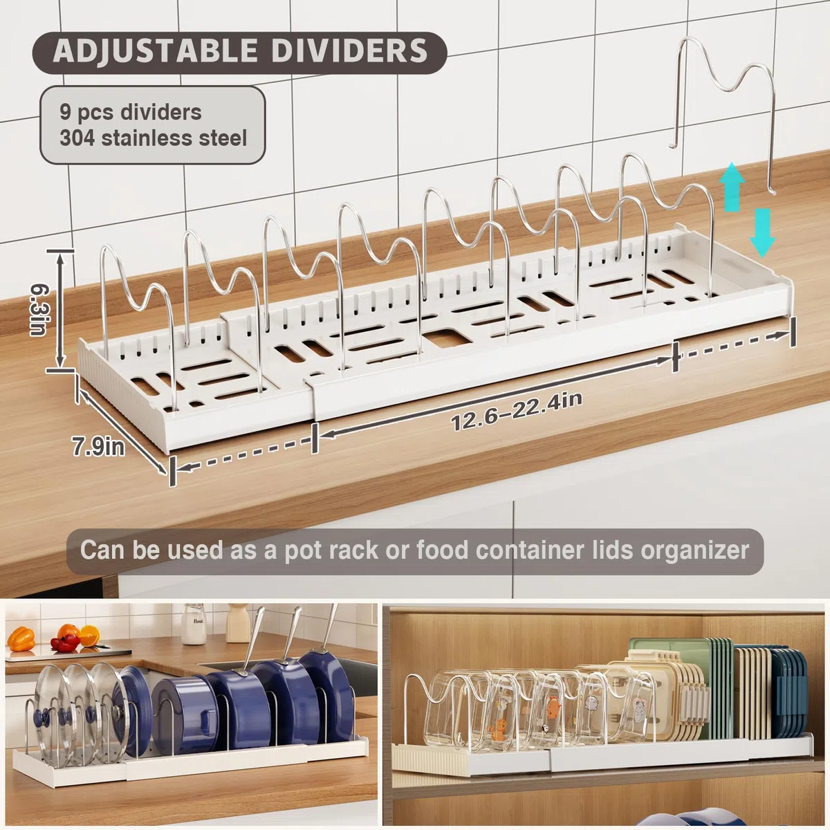Magheo 2 Pezzi Porta Coperchi Pentole Salvaspazio, Espandibile Organizer Pentole e Padelle con 9 Divisori Regolabili, 32-57CM Organizer Cucina, Kitchen Pot Lid Storage Rack (Bianco)