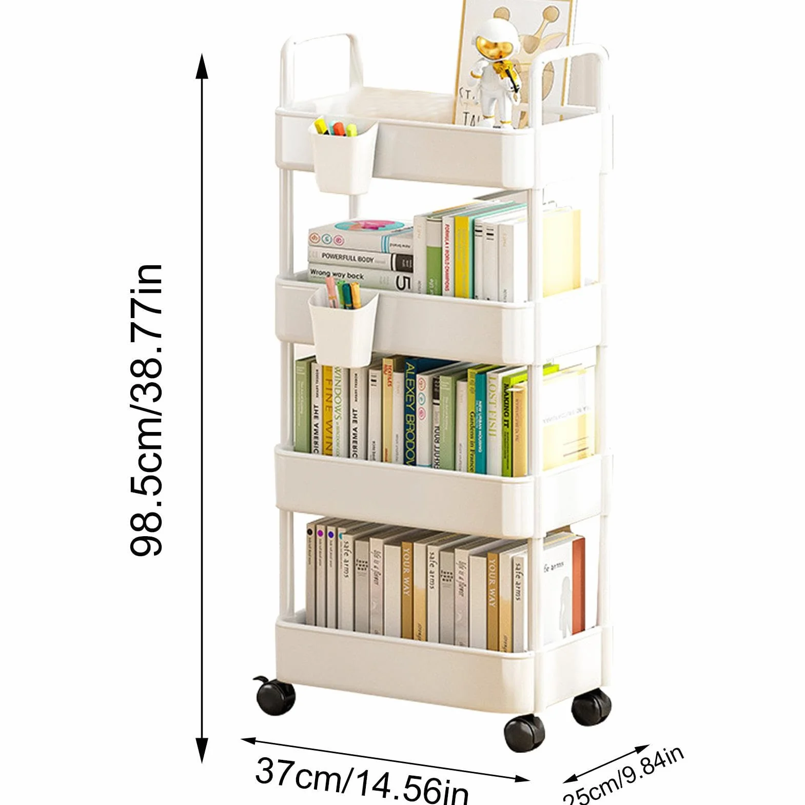 Scaffale per Libri con Ruote, Organizer per Carrello a 3/4 Livelli, per Biblioteca, casa, Lavanderia