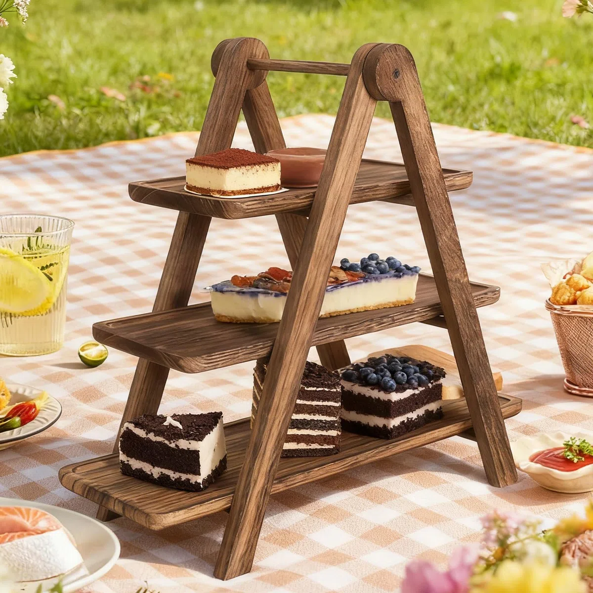 PORFOYO Supporto per cupcake, in legno, a 3 piani, per dessert, 3 piani, con maniglia, supporto in legno con piatti da portata per dessert, accessori per buffet, decorazione per feste