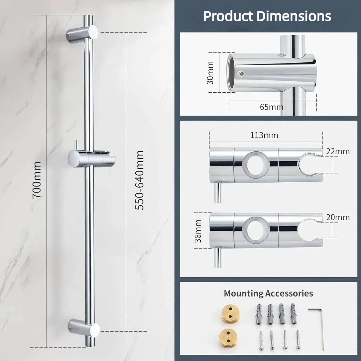Asta doccia in acciaio inox, 70 cm, asta doccia con supporto per soffione doccia, girevole a 360° e regolabile, asta per doccia con fissaggio a parete variabile, per adattarsi ai fori