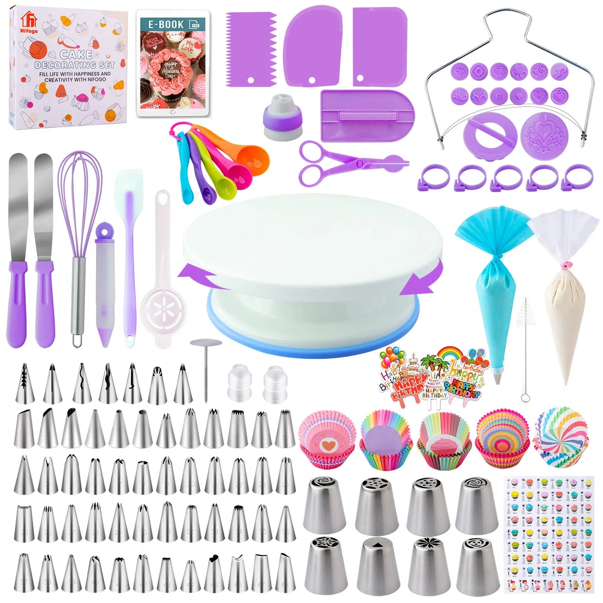 Kit Pasticceria Decorazioni Torte Set 356pcs, Nifogo Utensili Pasticceria con Giradischi, Beccucci, sac a Poche, Decorazioni Torta Compleanno, E-libro