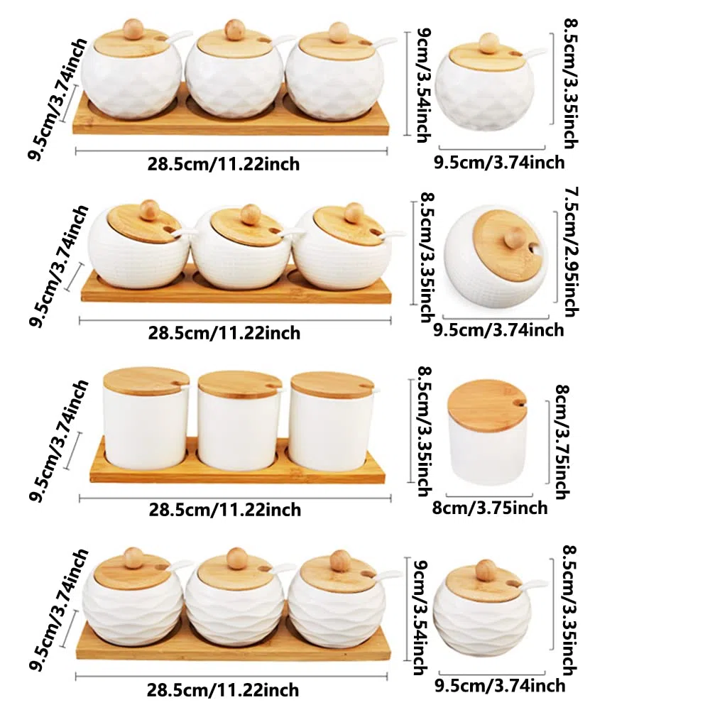Set di contenitori per spezie in ceramica, vaso per spezie in ceramica con cucchiai e coperchi in bambù, condimento per tè, caffè, salsa e peperoni