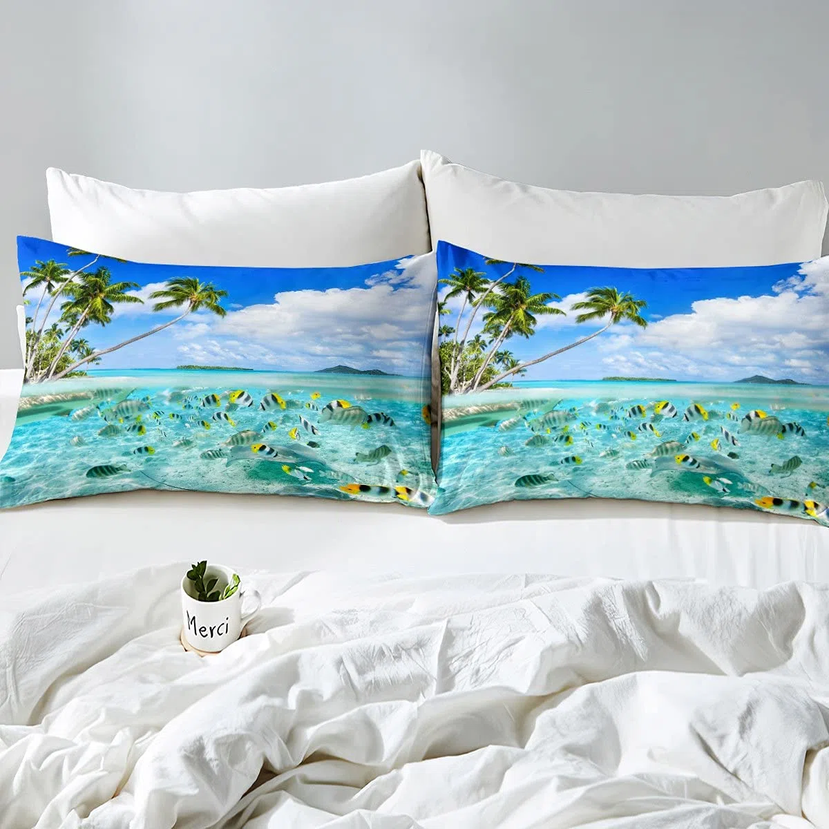 Set di lenzuola da spiaggia per letto matrimoniale donne, ragazze, tropicali, oceano tropicale, set di biancheria da letto con animali marini hawaiani, per le vacanze estive, con 2 federe, blu