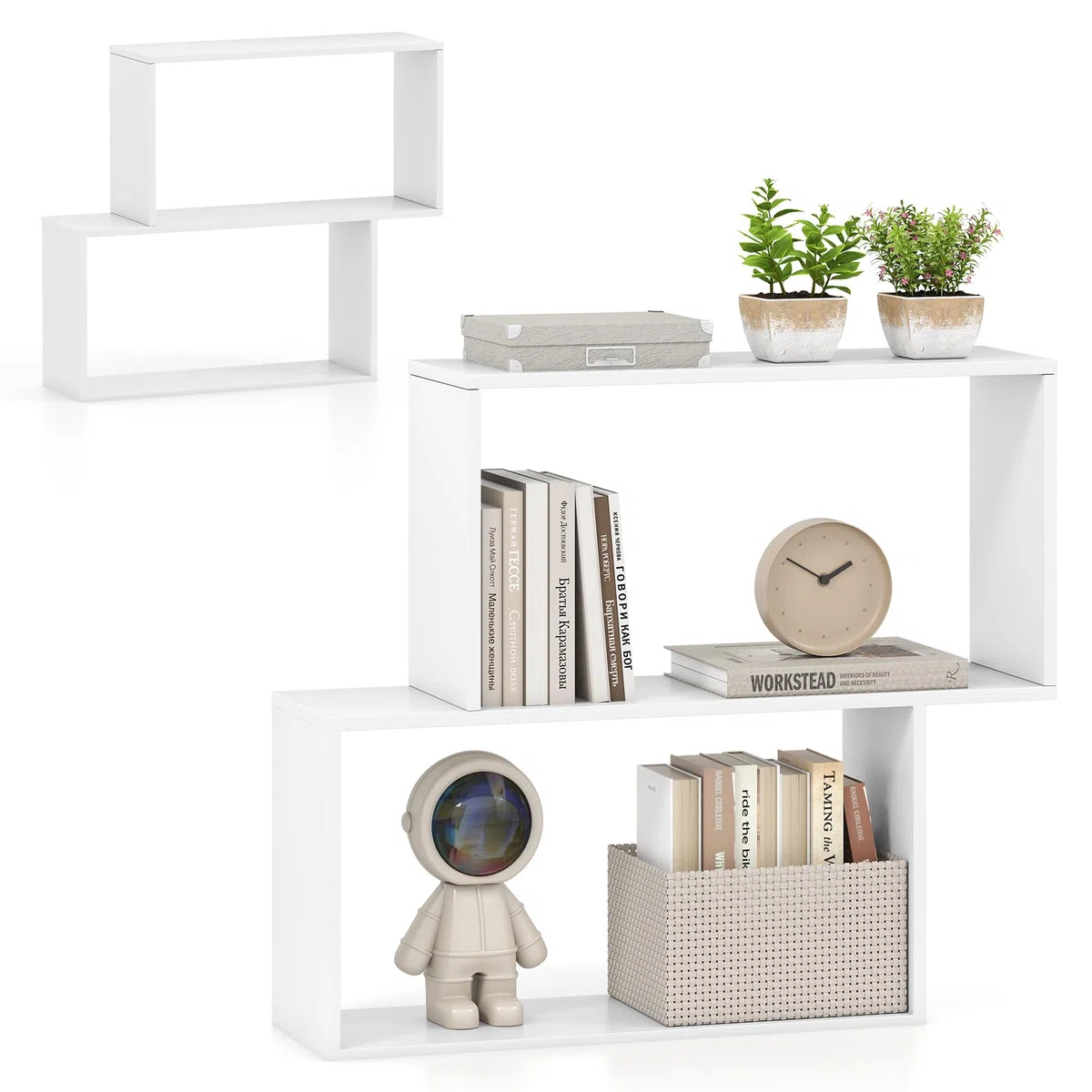 HOMASIS Libreria Verticale a 3 Ripiani, Scaffale a Forma di S con Dispositivo Antiribaltamento, Libreria Divisoria Ambiente in Legno per Soggiorno, Studio, Ufficio, 80 x 22 x 70 cm (Bianco)