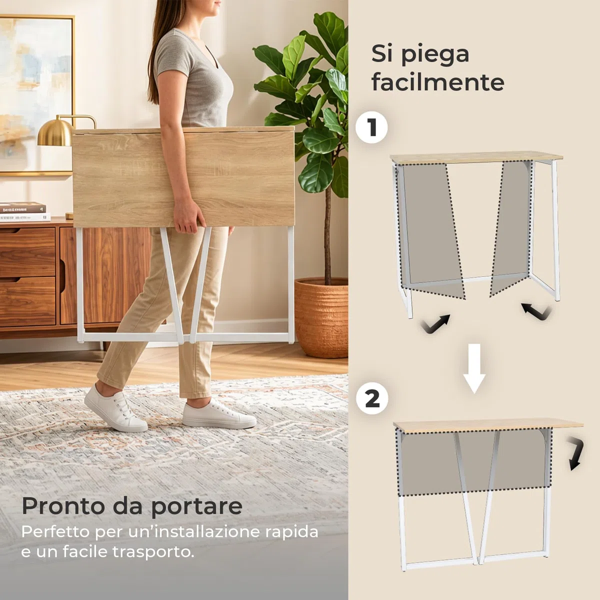 MEUBLE COSY Scrivania per Computer Pieghevole Postazione di Lavoro per Ufficio, Studio, Piccoli Spazi, Facile da Montare, Struttura in Metallo, Rovere e Bianco, 80x44x74cm