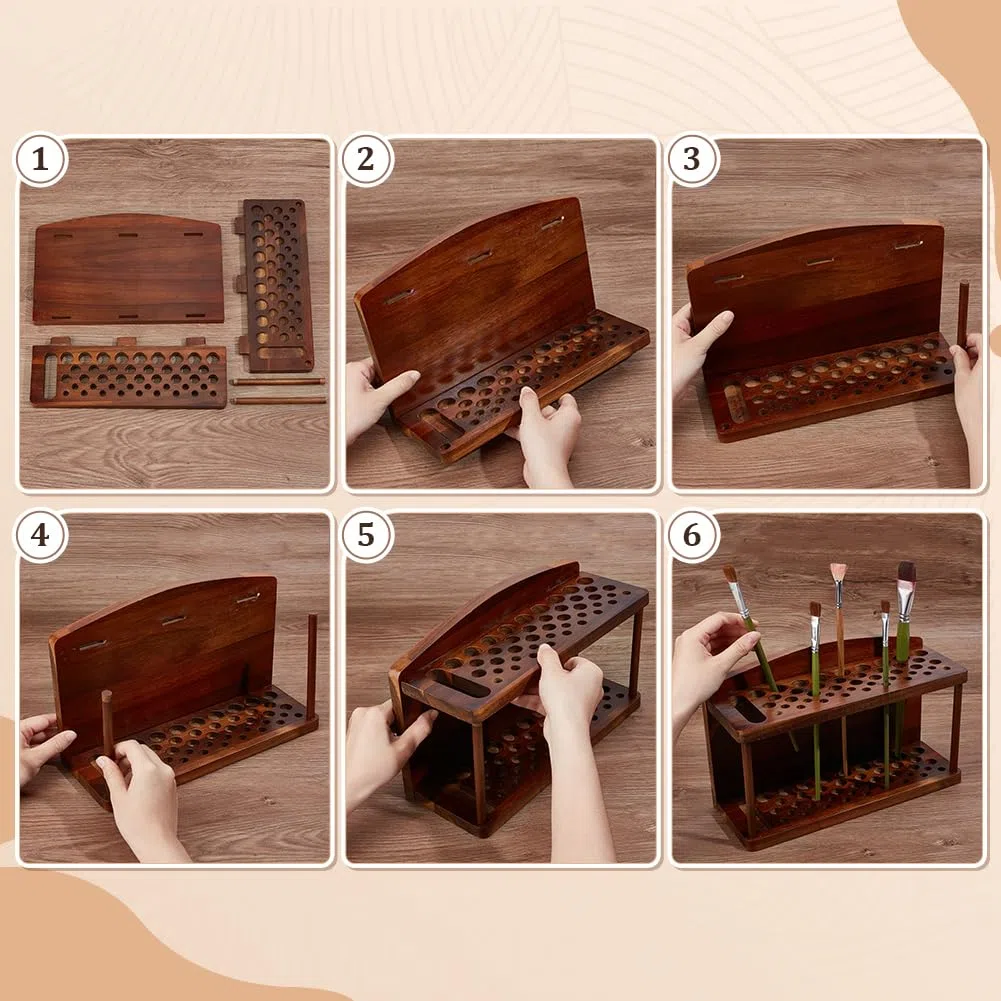 PH PandaHall Porta pennelli in legno a 2 livelli con 44 scomparti, espositore per penne, matite, acquerelli, pennelli da trucco, organizer per scrivania, scuola, ufficio, casa, negozio di articoli