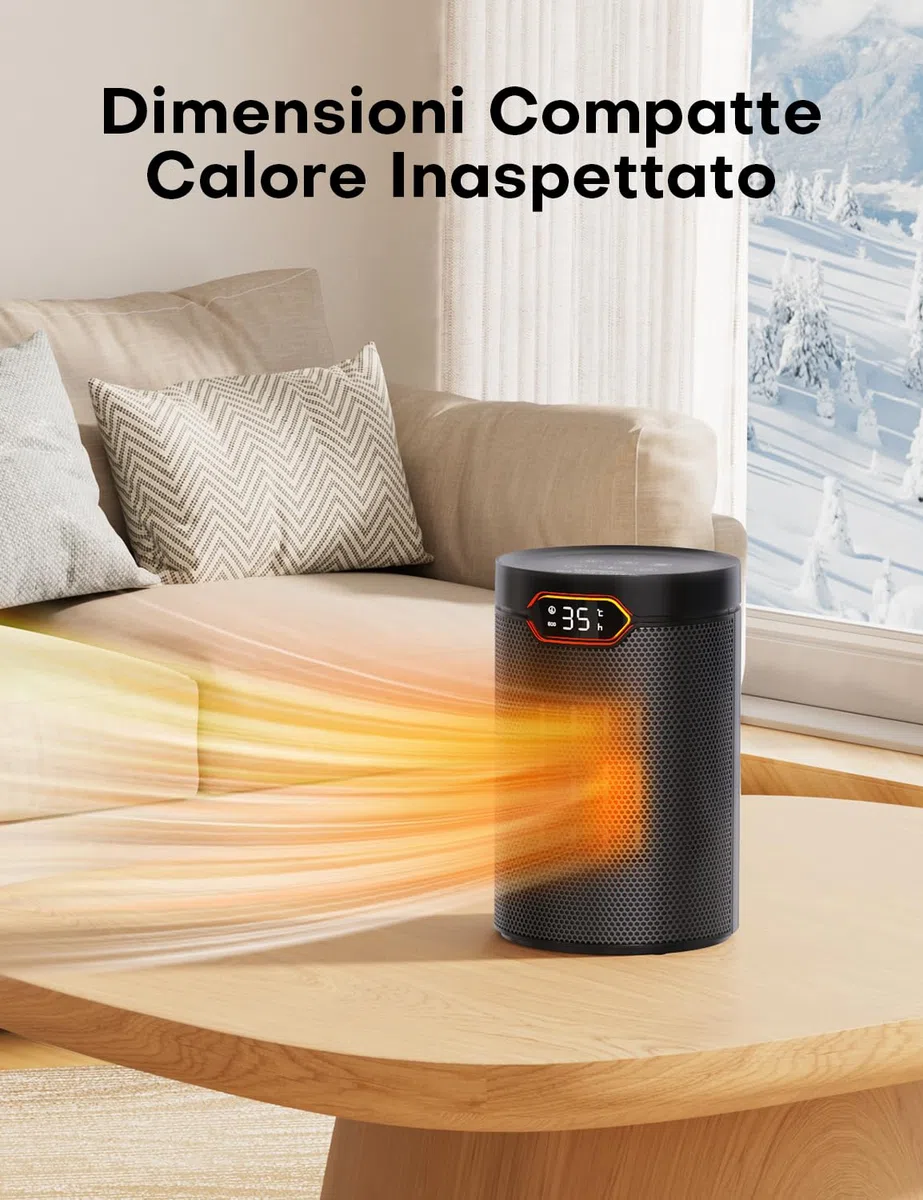 QEXREED Stufetta Elettrica Basso Consumo, 1500W, PTC, Modalità ECO & Breeze, 4 Modalità di Calore, Timer 24H, Termostato, Telecomando, Protezione da Ribaltamento e Surriscaldamento per Casa, Ufficio