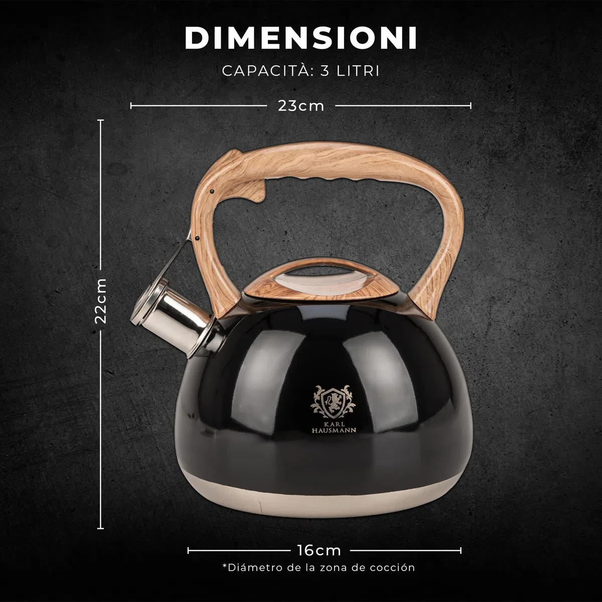 KARL HAUSMANN Bollitore Acqua per Induzione - 3L - Nero Bollitore Acciaio Inox non elettrico - Teiera Fischio per Gas da Fornello - Tea Kettle Stove Induction
