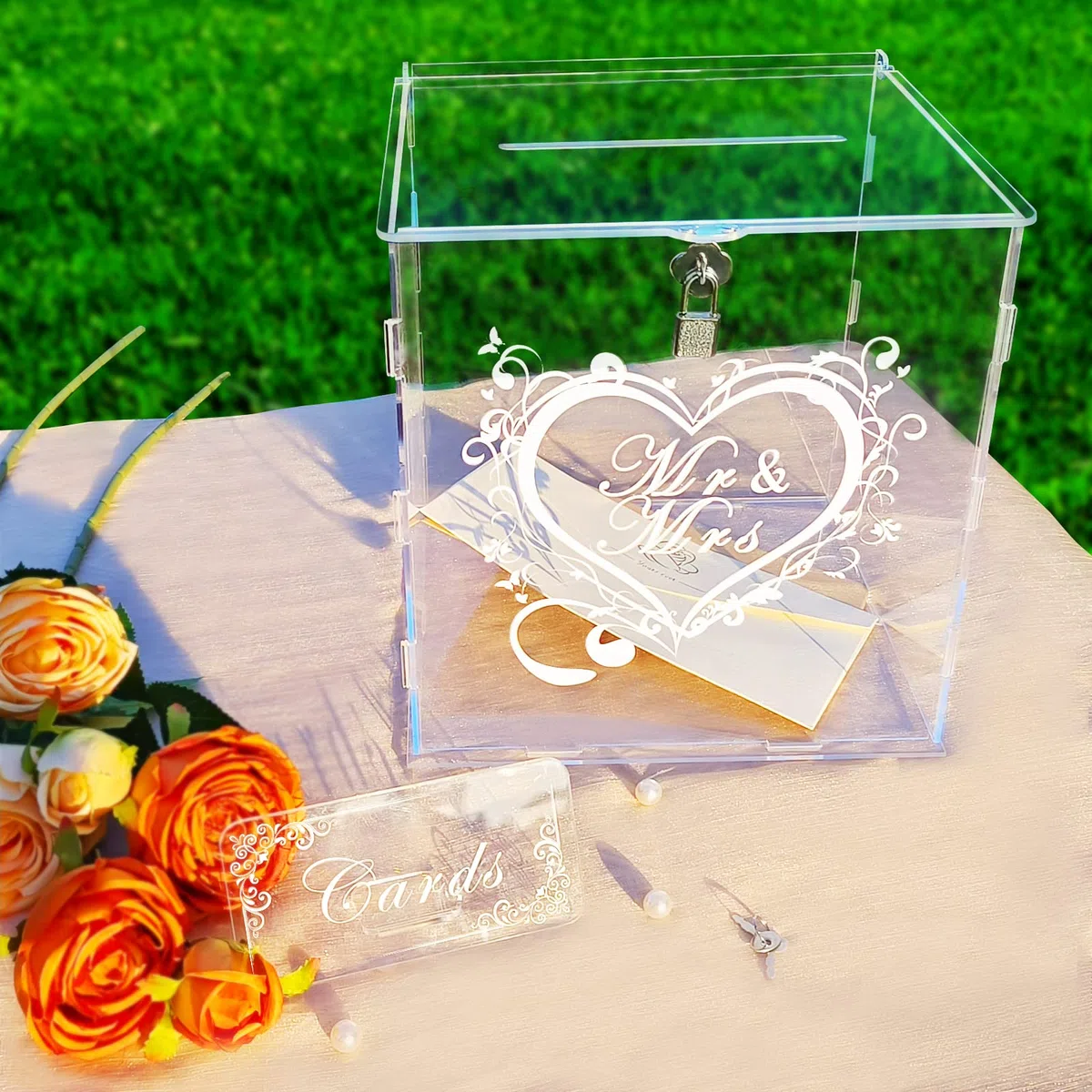 Jolik Grande Acrilico Scatola di Carta di Nozze Con Serratura e Slot per Buste Regalo - per Matrimonio, Anniversario, Festa di Compleanno (Trasparente)