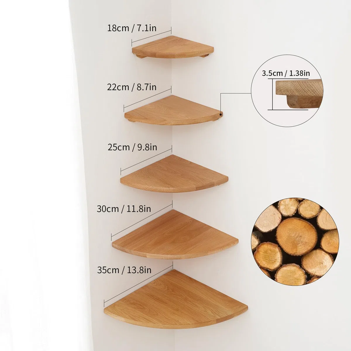 Mensola Angolare in Legno Massello, Quercia Angolare a Parete per Bagno, Cucina, Camera da Letto, Angolare in Legno da Appendere (25cm)