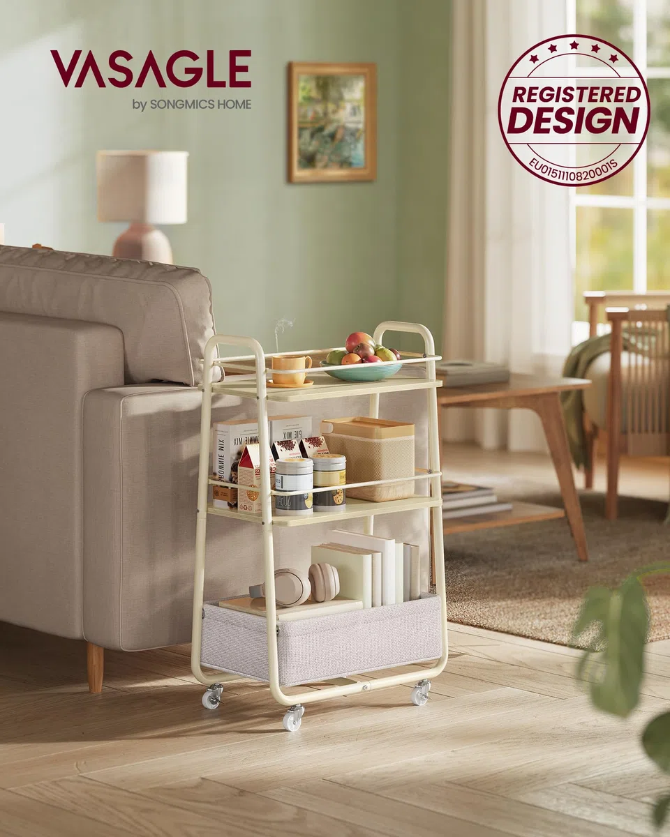 VASAGLE LILEA Collezione - Carrello Portaoggetti con Cesto in Tessuto, Carrello a 3 Ripiani con Ruote, Carrellino per Soggiorno Camera da Letto Cucina, Beige Naturale e Bianco Crema LRC001LL02