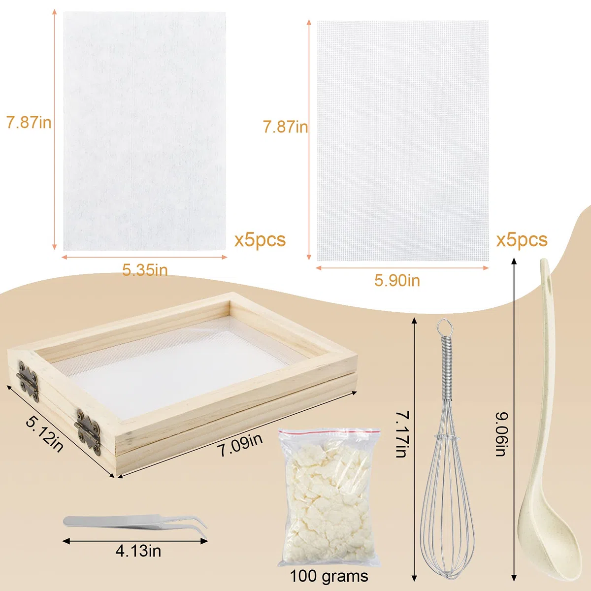 WANDIC - Kit per la produzione di carta, realizzato a mano, con cucchiaio, panno in rete e polpa dewaterered per la produzione di carta, kit per lo schermo fai da te