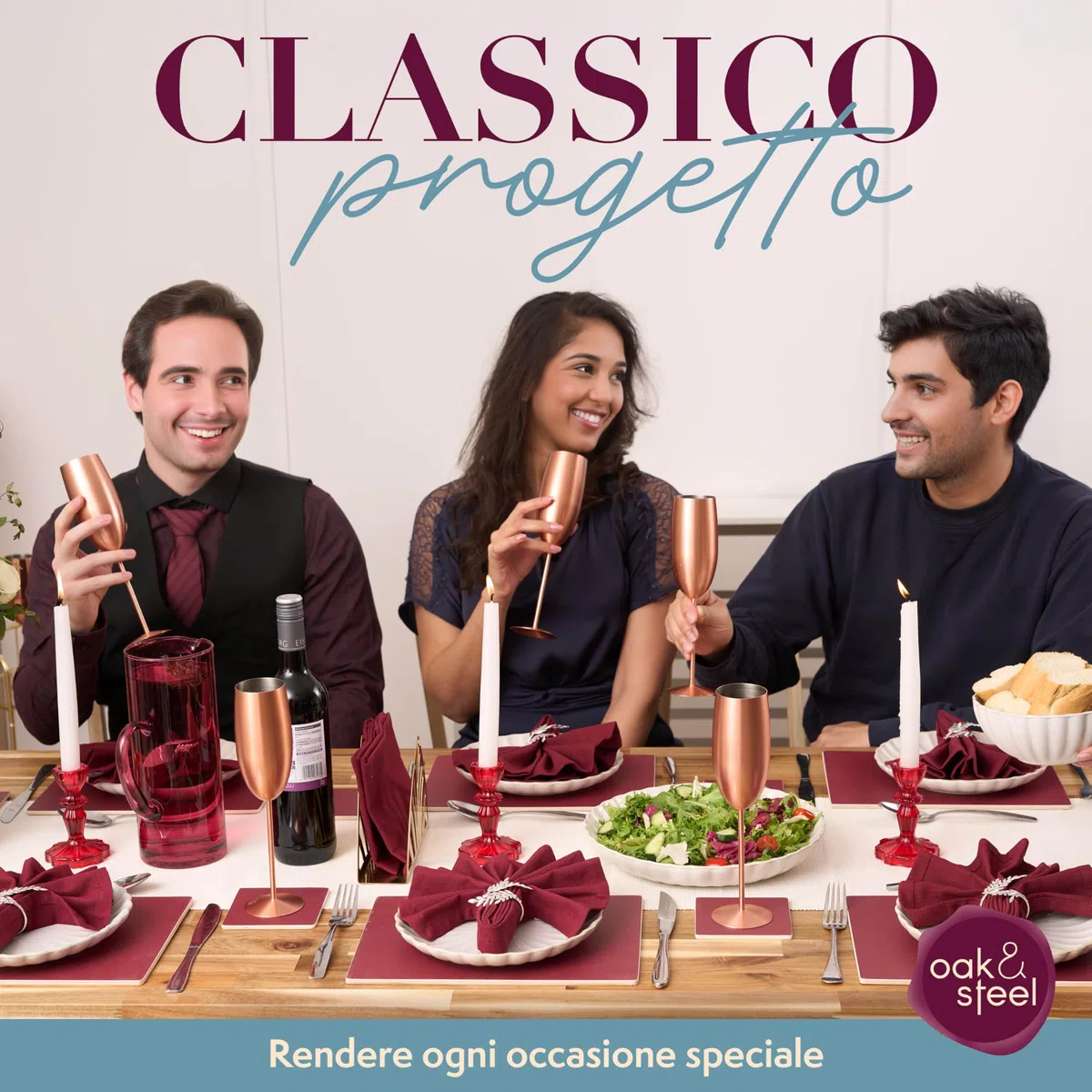Oak & Steel - 4 Bicchieri Da Prosecco Con Flute Da Champagne, Acciaio Inox Finitura Rame Oro Rosa, 285 Ml - Confezione Regalo