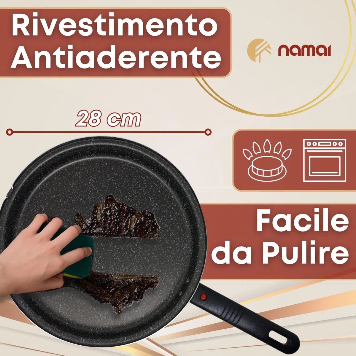 NAMAI - Padella Per Frittata 28 CM, Materiale Alluminio, Adatto In Lavastoviglie, Manico Removibile, Girafrittata Antiaderente, No Induzione, Made In Italy (28 CM)