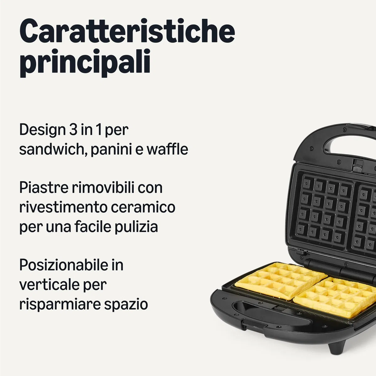 Amazon Basics Macchina per panini e waffle 3 in 1, con piastre rimovibili, da 700 W, Nero