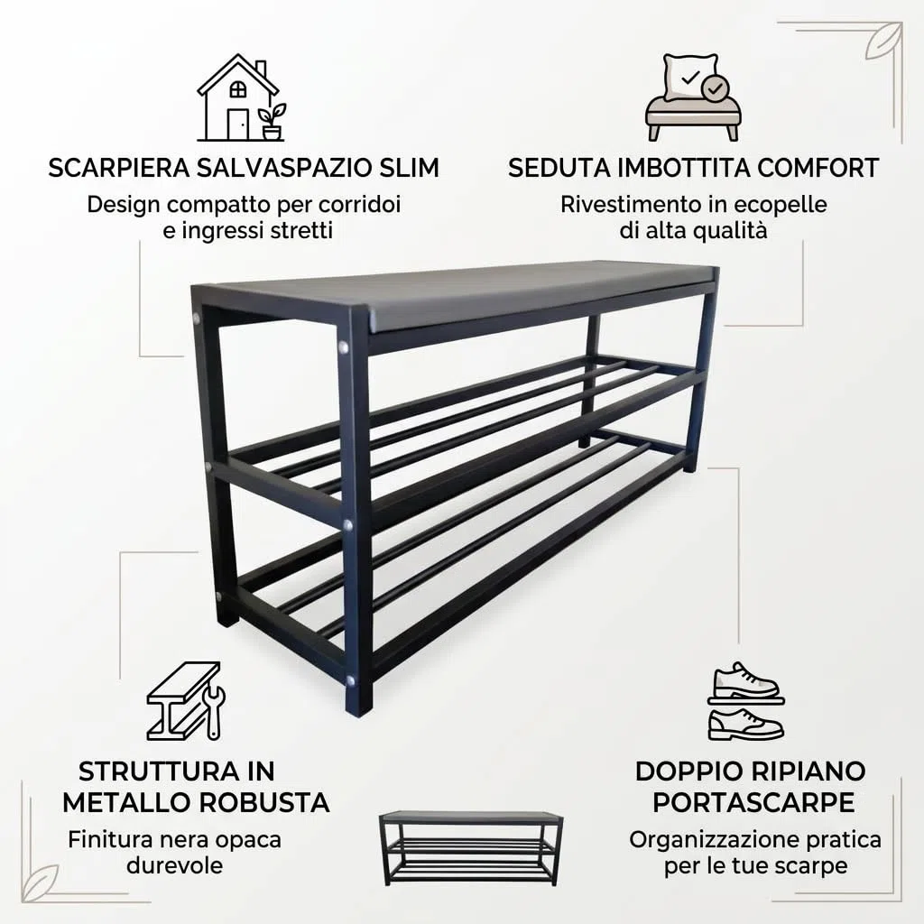 MAKA Scarpiera Salvaspazio Slim, in Metallo Nera, Scarpiera Ingresso, Organizer Scarpe Diverse Misure, Scaffali Portascarpe, Panca con Seduta (90 cm + panca)