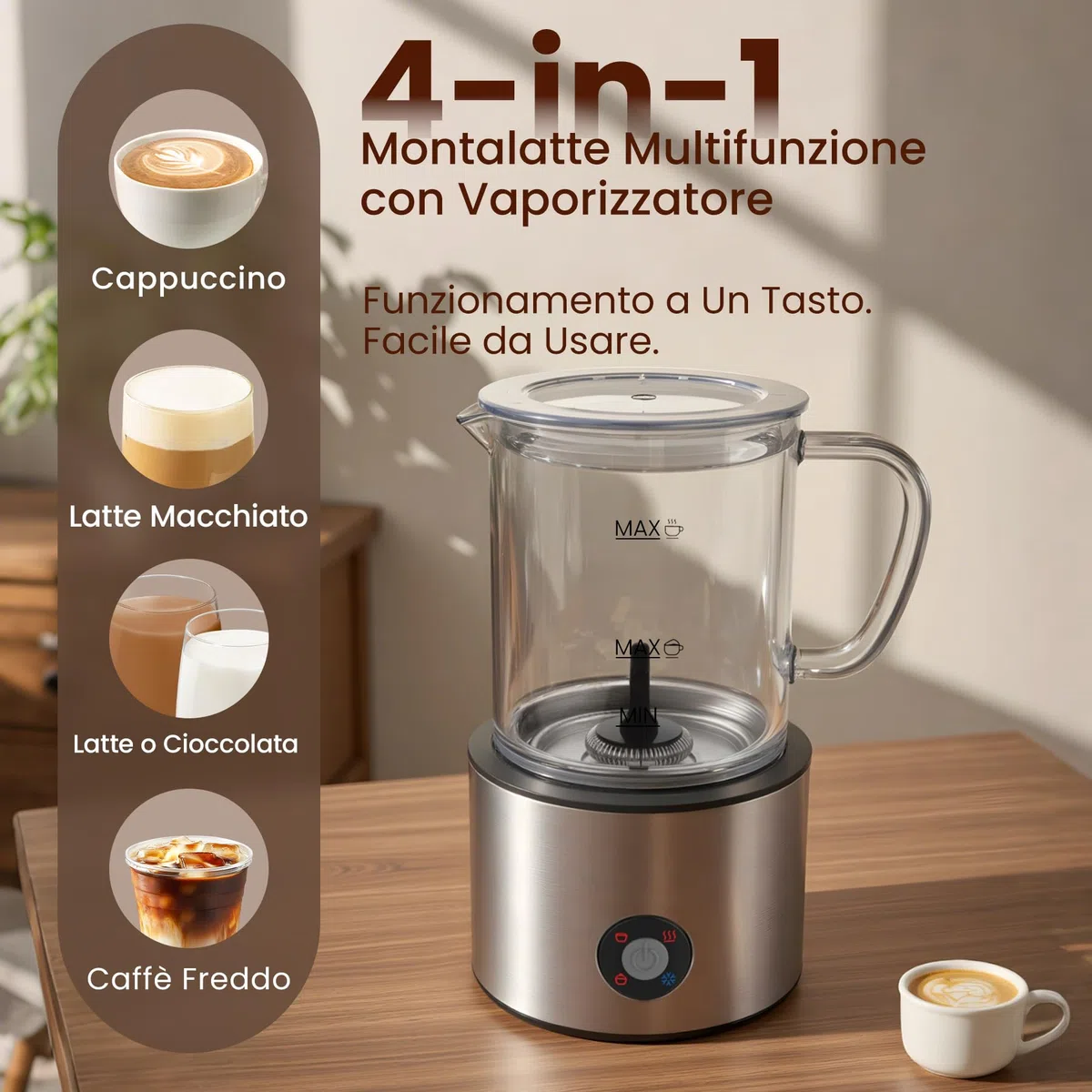 Montalatte Elettrico 4 in 1, Montalatte Induzione 500ML Freddo e Caldo con Vetro Visibile Graduazione, Automatici, Silenziosa, Lavastoviglie per Cappuccino, Caffè, Latte