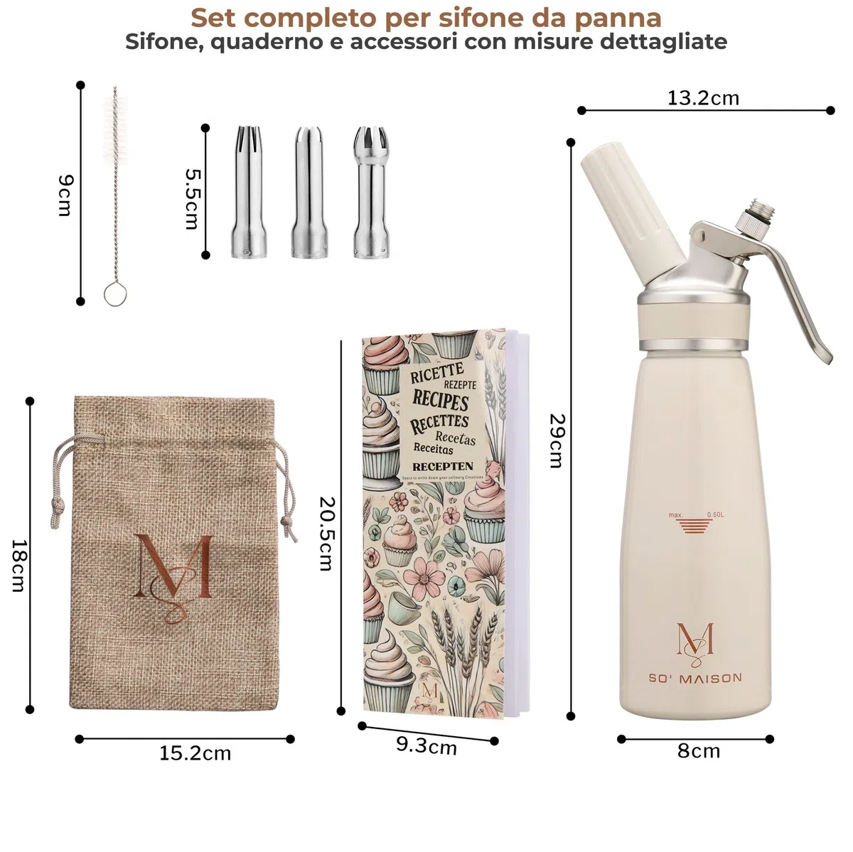 SO’Maison Sifone Panna e Crema 500 ml – Sifone da Cucina Professionale, Design Crema Vintage, con Ricettario da Compilare – Accessori per Pasticceria