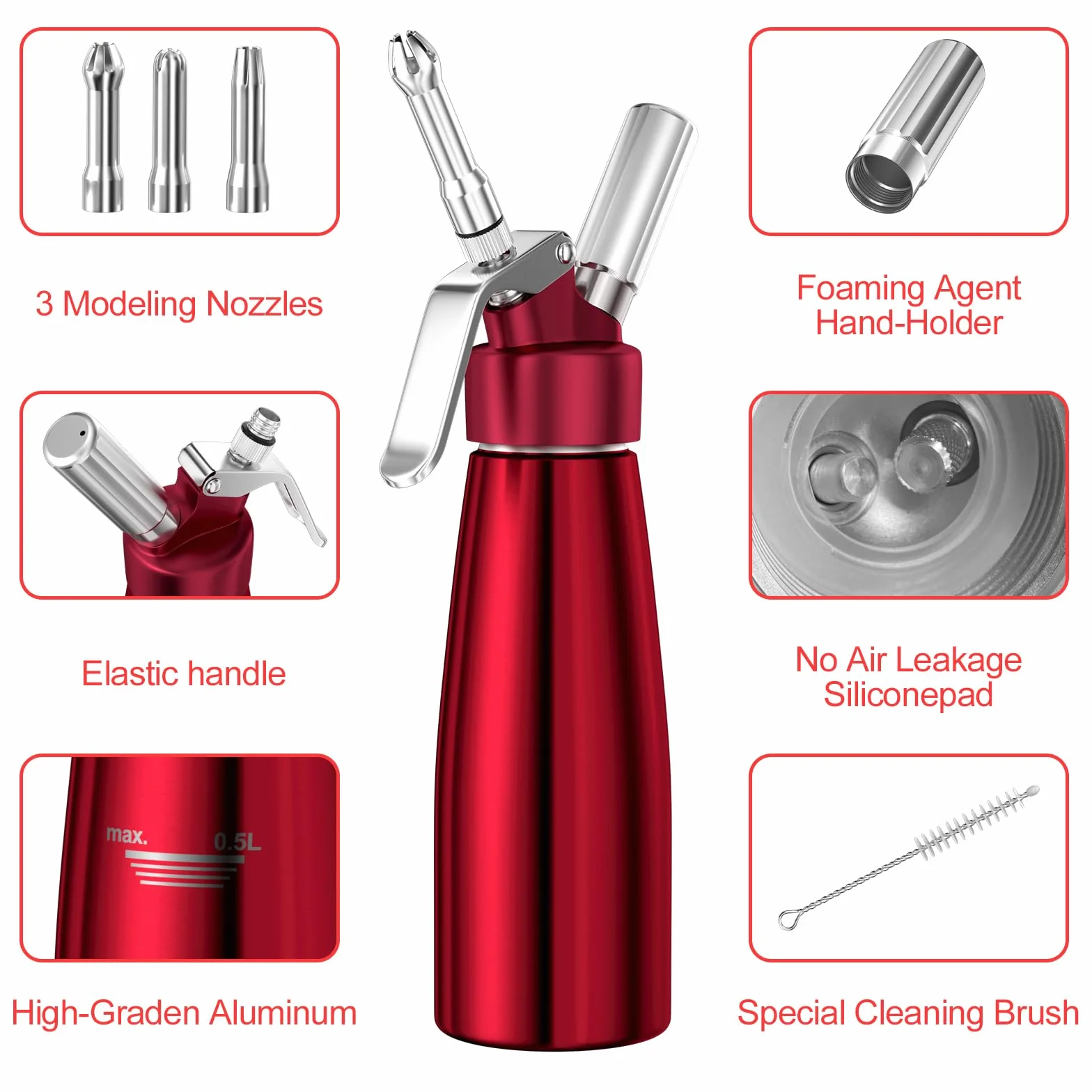 Newaner 500ml Sifone Panna Montata, sifon da Casa e Cucina Alluminio con 3 Ugelli in Acciaio Inox e 1 Spazzola da Pulizza, per Decorazione Torte di Compleanno Pasticceria Panna Gelato e Dessert