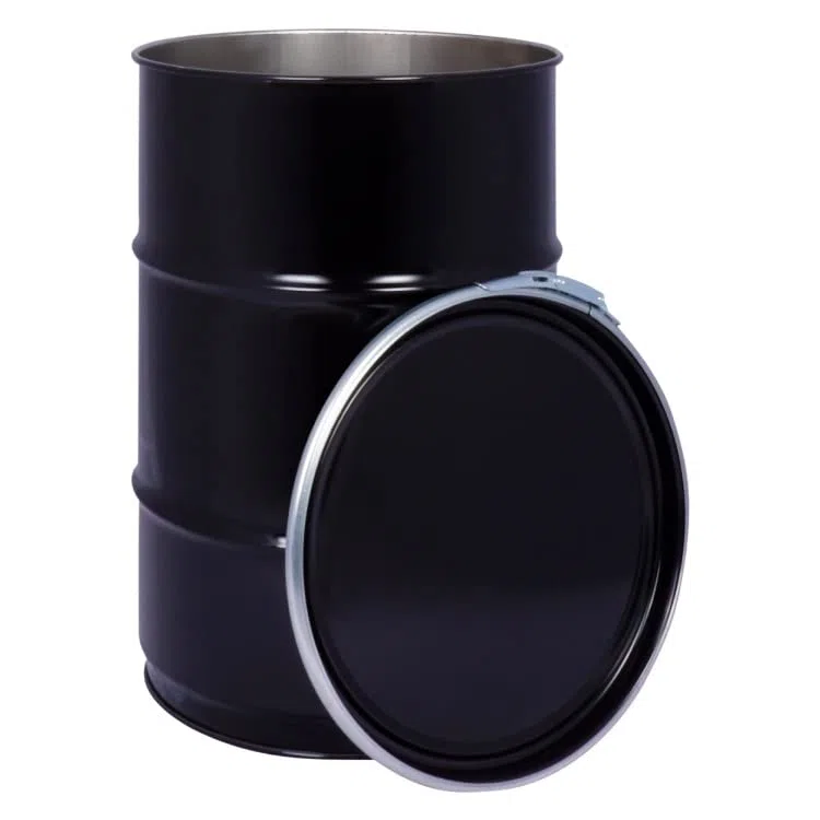 Jerrycanshop - Bidone in acciaio con coperchio rimovibile 60 l - 60 l - Tonneau in acciaio con anello di serraggio - Nero