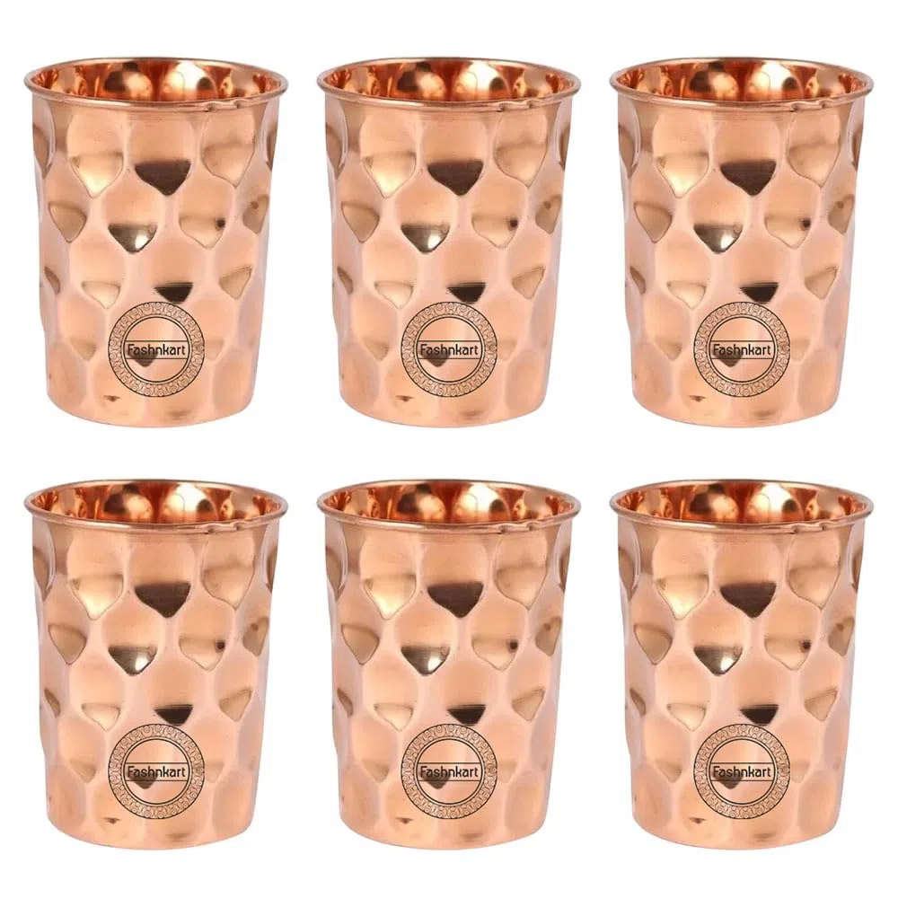Bicchieri in rame puro Set di 6 bicchieri per acqua potabile Ayurveda Health Pure Tumblers Tazze in rame 10,14 Oz 300 Ml (diamante)