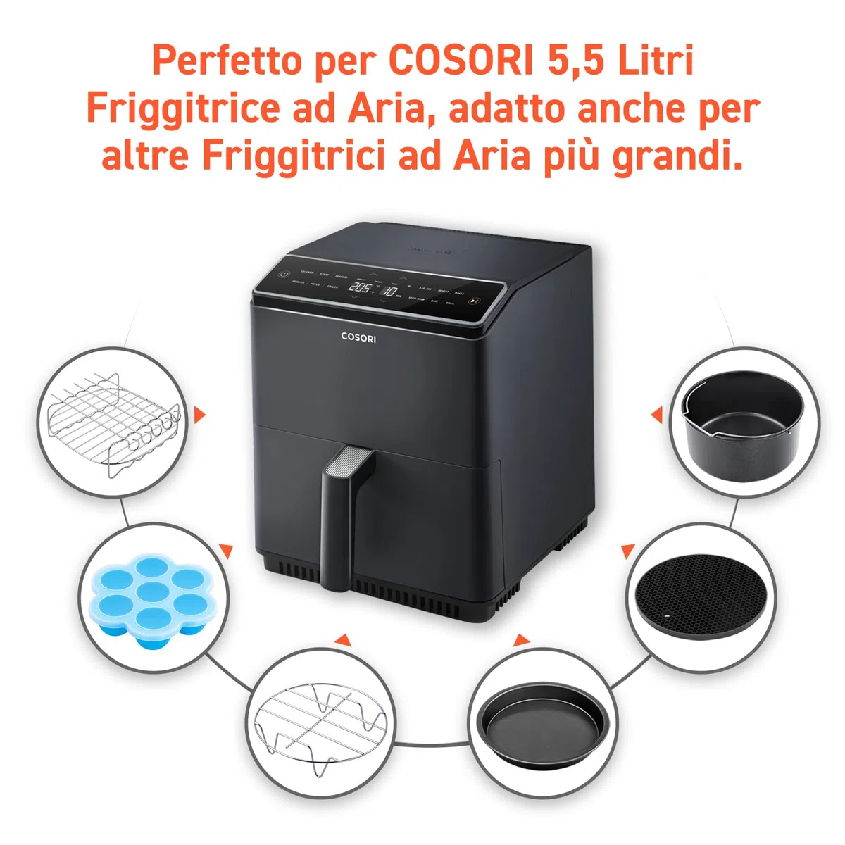 COSORI Accessori Friggitrice ad Aria 5,5L, 6 Pezzi Accessori Airfryer Senza BPA, Supporto in Metallo, Il Vassoio per Uova, Porta Spiedini, Scatola per Torte,Tappetino in Silicone, Teglia per Pizza