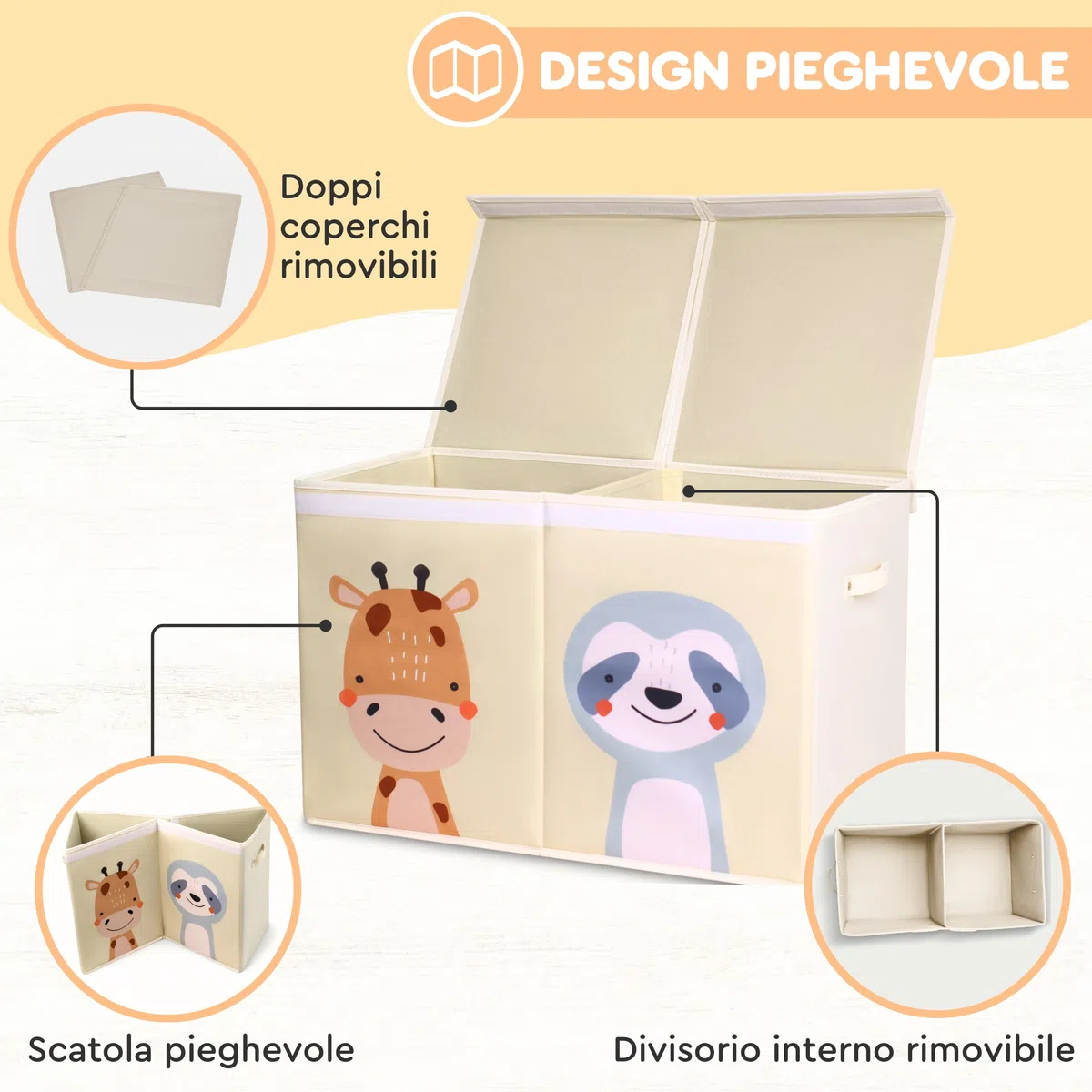 Scatola Porta Giochi per Bambini Beige Pieghevole da 78 Litri. Contenitore Giochi a Doppio Coperchio. Baule e Contenitore Grande in Tessuto Oxford. Organizer Giocattoli. Non Adatto alla Seduta