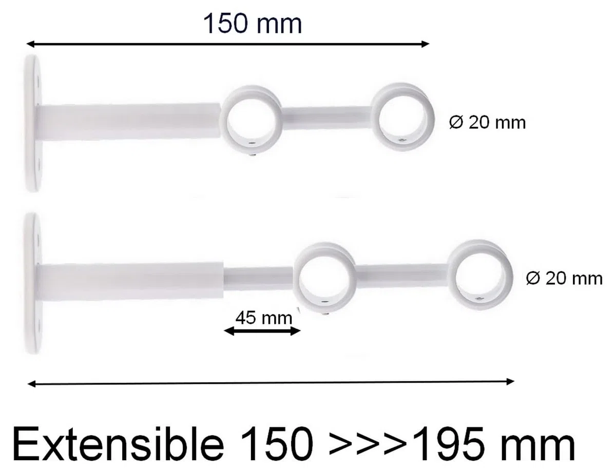 2 staffe da parete doppie, estensibili e regolabili, per asta per tenda/asta Ø 20 mm, fissaggio solido per tende e tende pesanti, in metallo bianco (set di 2 pezzi, lunghezza 15-19,5 cm)