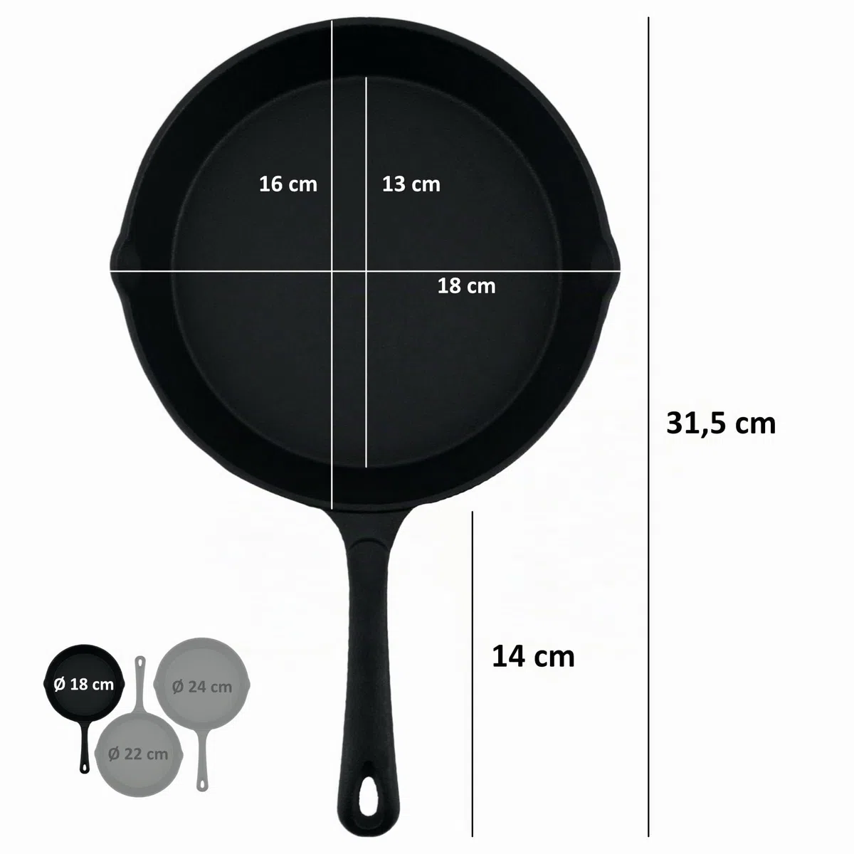 BBQ-Toro, Set di 3 padelle in ghisa per arrosti e bistecche, diametro: 16 cm, 20 cm, 26 cm