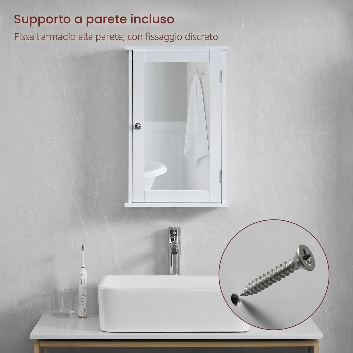 Bath Vida, Milano, Mobiletto da Bagno, Anta Singola con Specchio, da Parete, Bianco