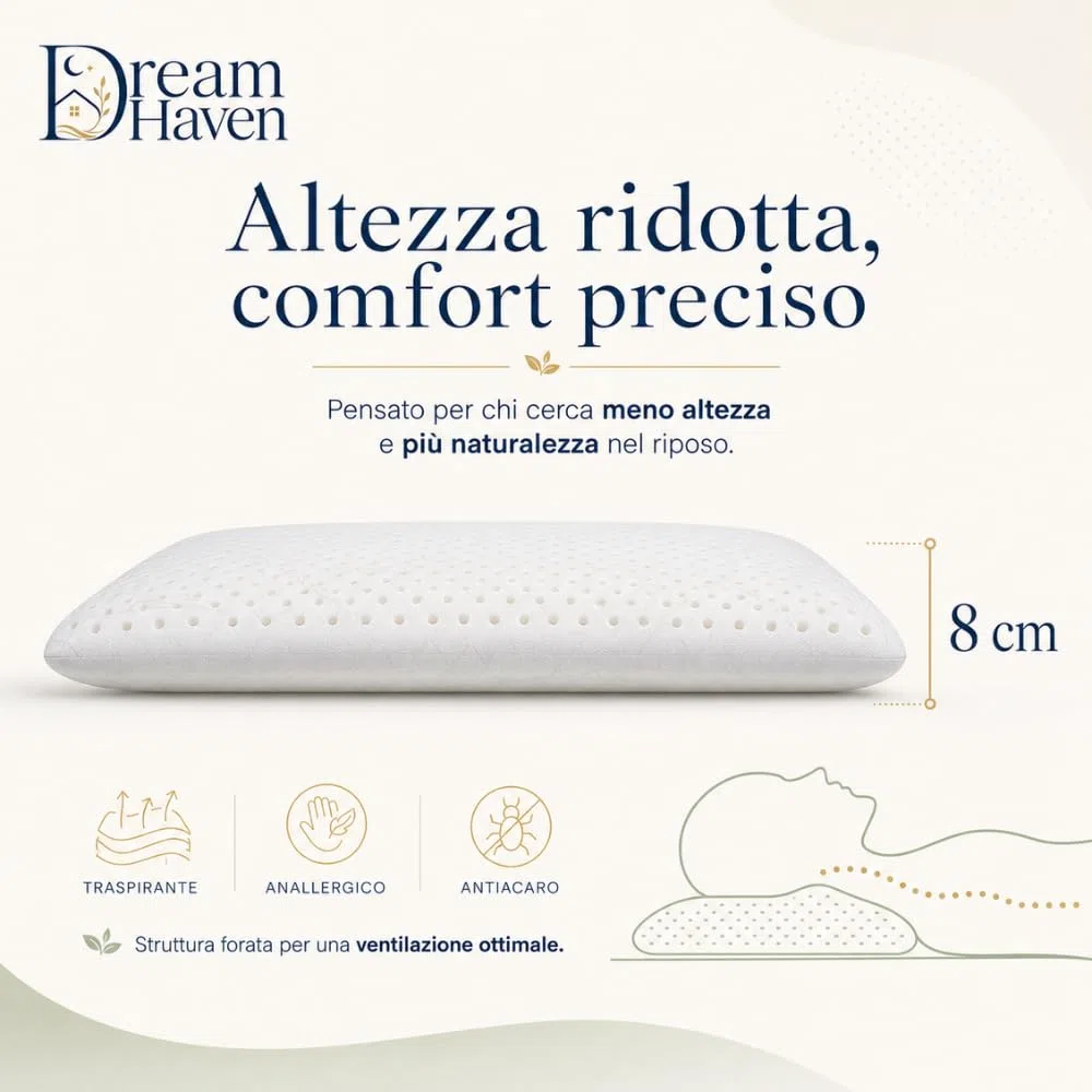 DREAM HAVEN Cuscino Basso Cervicale 8 cm in Memory Foam, Cuscino letto ideale per Bambini, Ragazzi e Adulti, Anallergico e Antiacaro con Federa in Silver, Cuscino Memory Foam 100% Made in Italy (1)