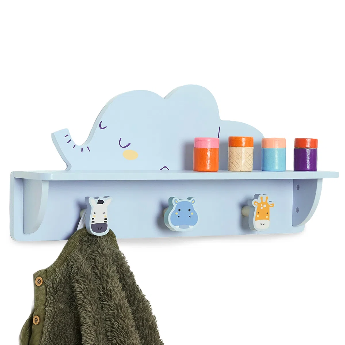 Twig & Leaf Appendiabiti da Parete Bambini in Legno FSC con 3 Ganci - Mensola Cameretta Elefante Montessori - Attaccapanni Bambini da Muro