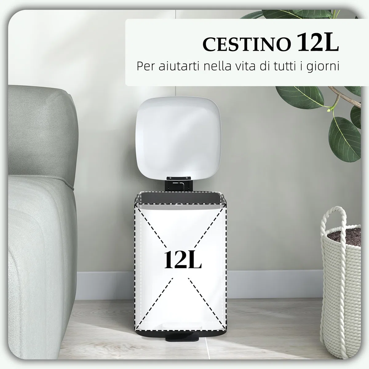 HOMCOM Bidone Immondizia da 12L a Pedale con Chiusura Silenziosa, Cestino Rifiuti in Metallo e PP, 24.5x32x34.5 cm, Bianco