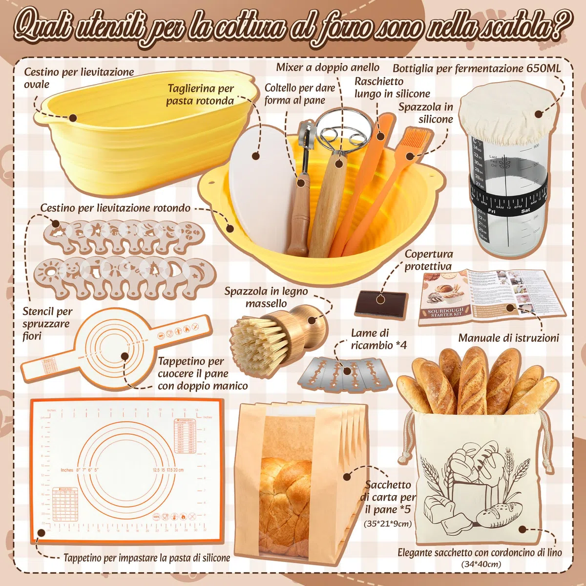 Charmofun Set di Cestini Lievitazione Pane, Kit Completo per Pasta Madre, 2 Cestino Pane Silicone, Kit Preparazione Pane in Casa, Regalo per Principianti e Panettieri Esperti