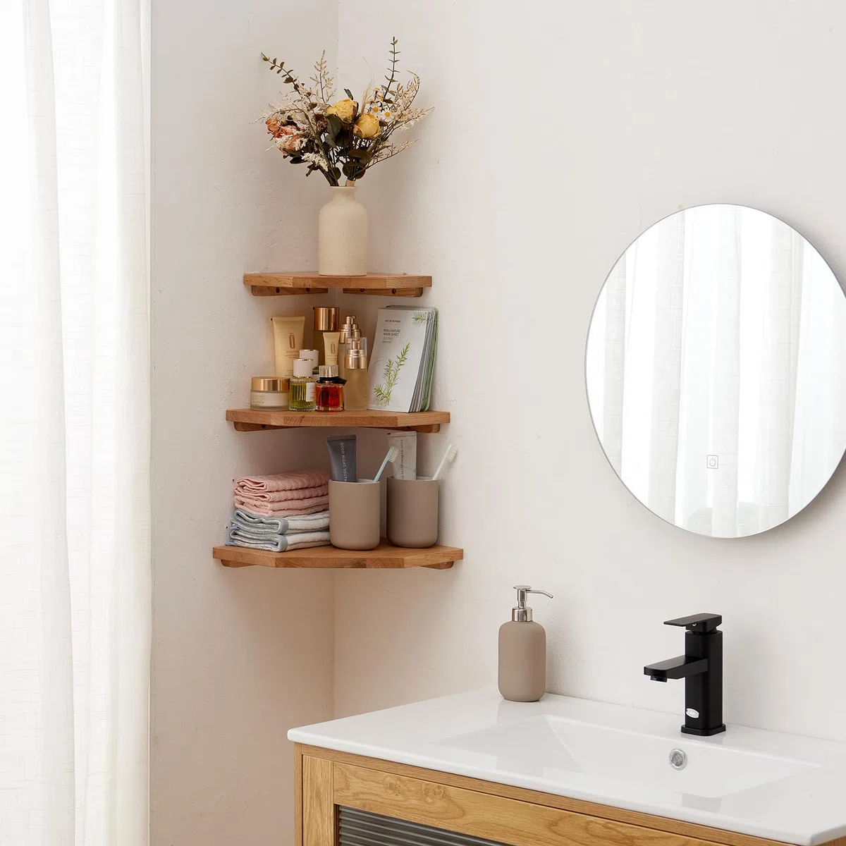 Mensola Angolare in Legno Massello, Quercia Angolare a Parete per Bagno, Cucina, Camera da Letto, Soggiorno Angolare in Legno da Appendere (22 cm)