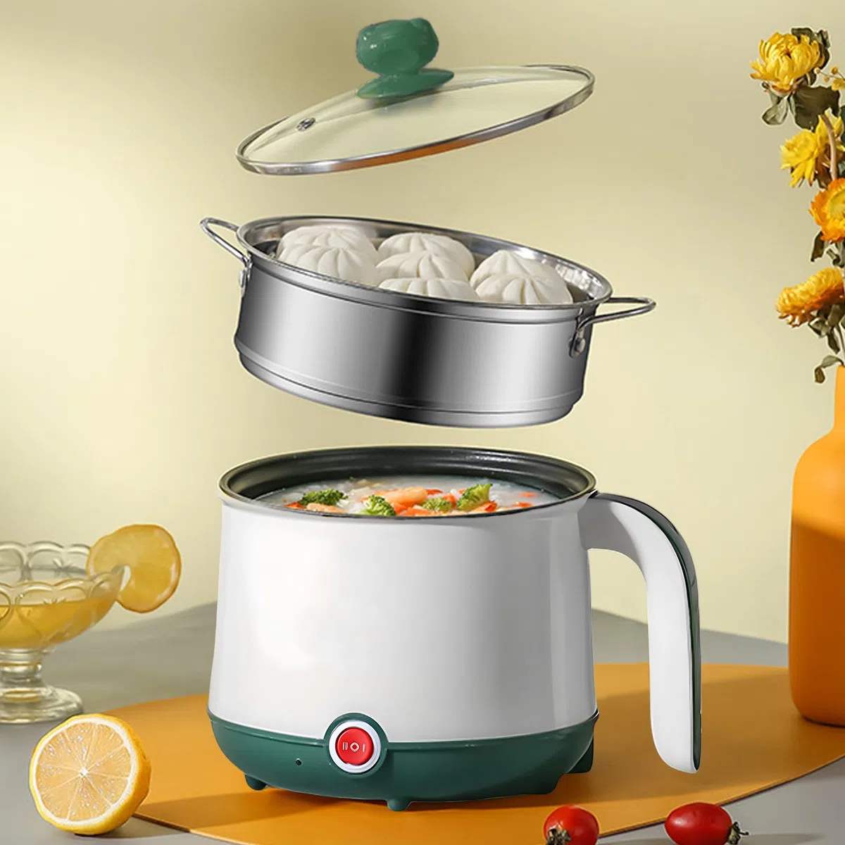 Mini fornello antiaderente, 1,8 l, pentola elettrica, pentola portatile, mini fornello portatile per bistecca, pasta, uova, avena, ramen, con vapore, verde (bianco + verde)