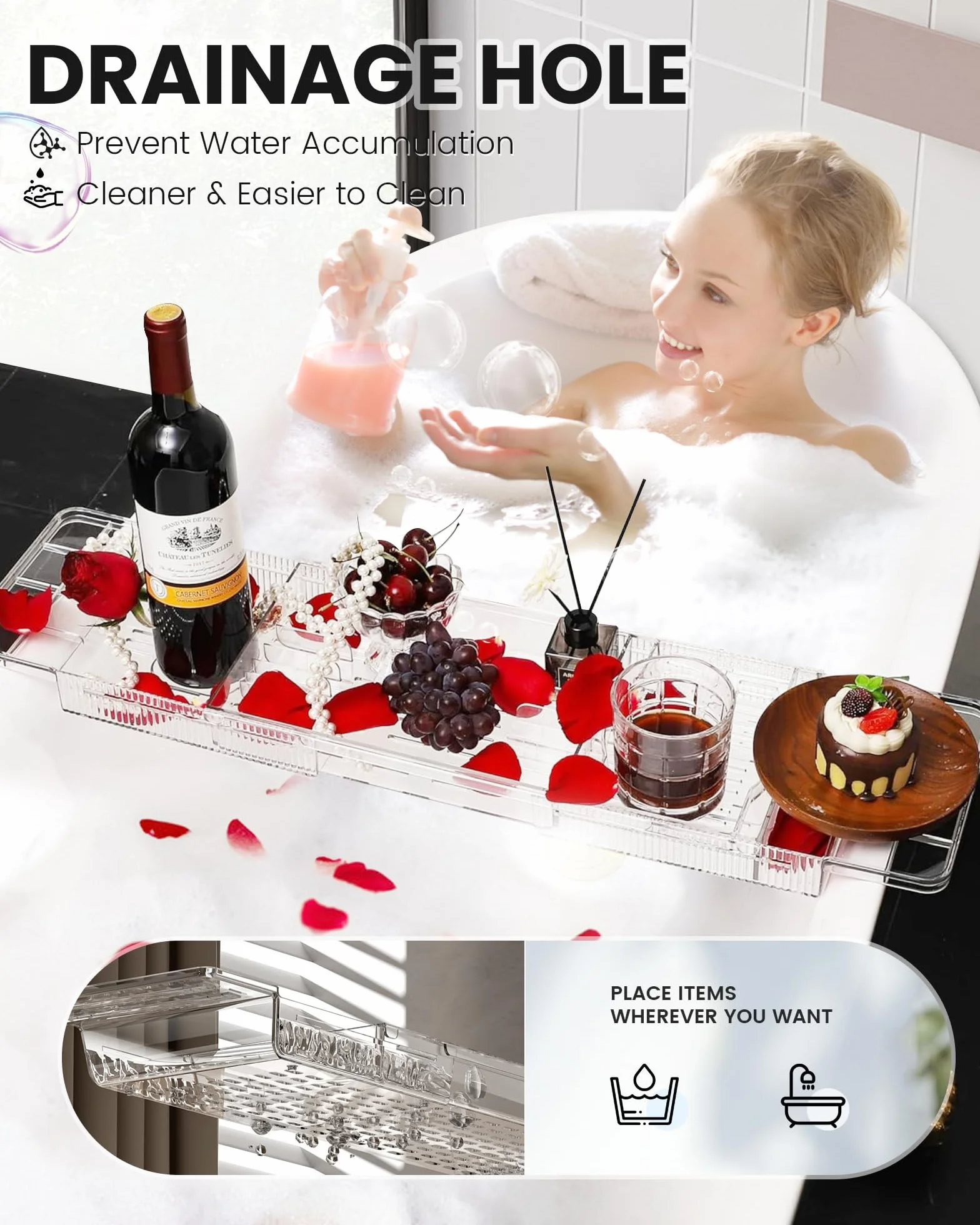 Vassoio vasca da Bagno in Acrilico, Vassoio per Vasca da Bagno Estensibile, Mensola Vasca da Bagno per Contenere iPad, Bicchiere di vino e Libri, vassoio Bagno Trasparente, Accessori Vasca da Bagno