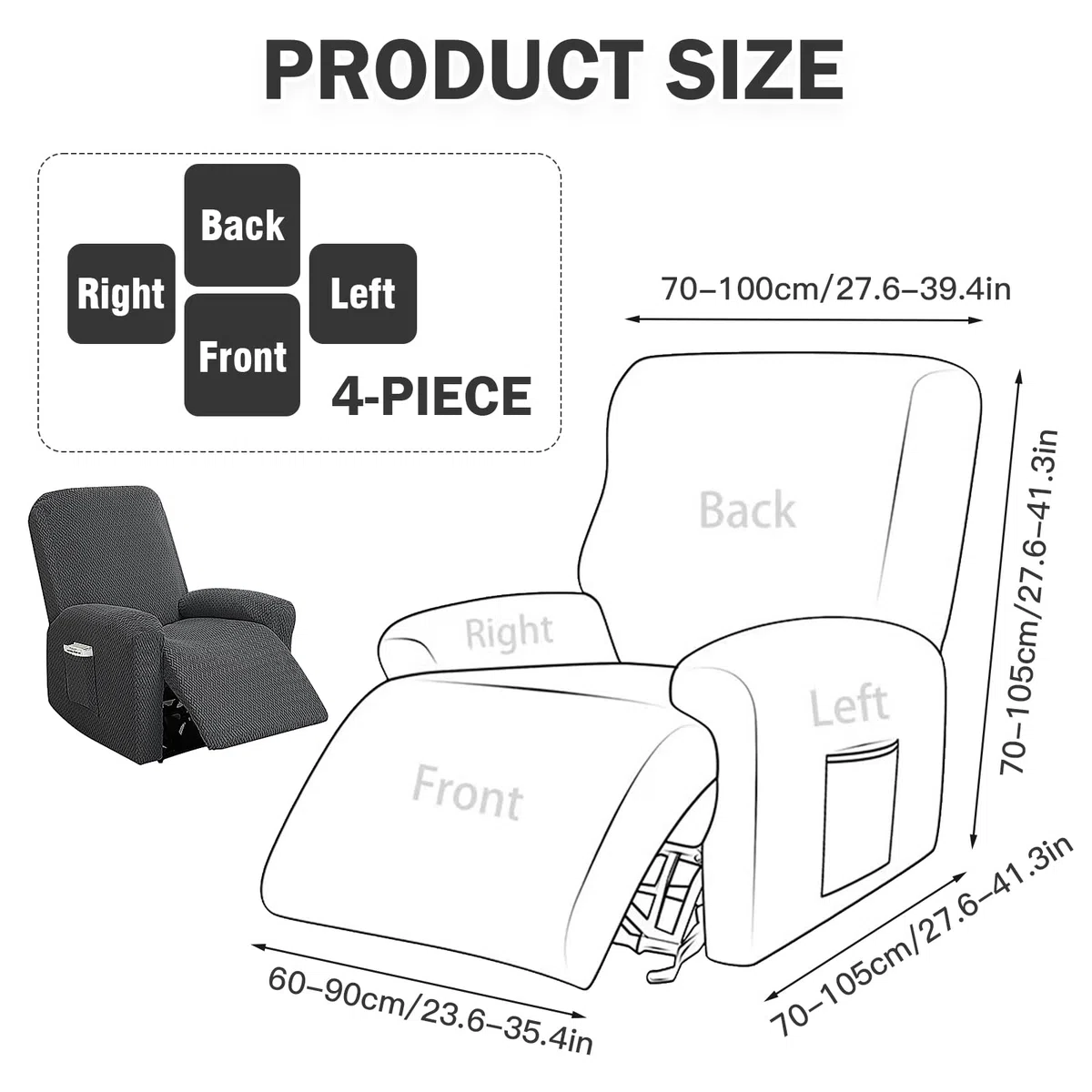 Copripoltrona 1 Posto Elasticizzato, Copripoltrona Relax Reclinabile con Tasca, Jacquard Rigato Tutto Compreso per Poltrona TV (Grigio Scuro, 4 Pezzi)