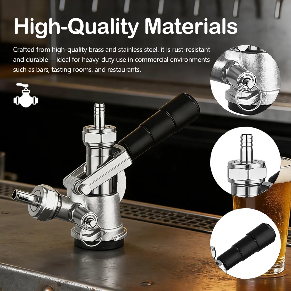 Testa di Spillatura per Fusto, Accoppiatore Keg Tipo D G5/8 con Valvola di Sicurezza Rubinetto in Acciaio Inox 304 per Sistema di Spillatura Connettore Compatibile con Birra Vino