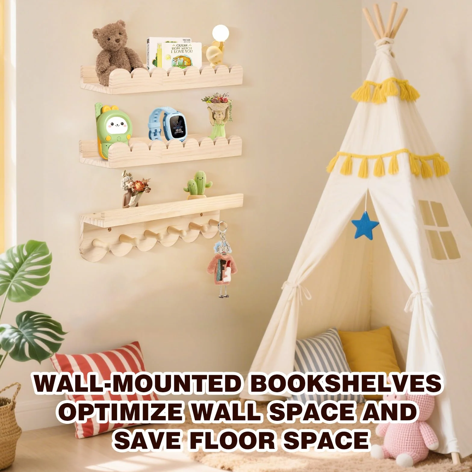 Set di 3 mensole da parete in legno massello per bambini - Librerie con 6 ganci per libri e giocattoli - Mensola Montessori 40 cm - Mensola sospesa con curve per bambini e bambine