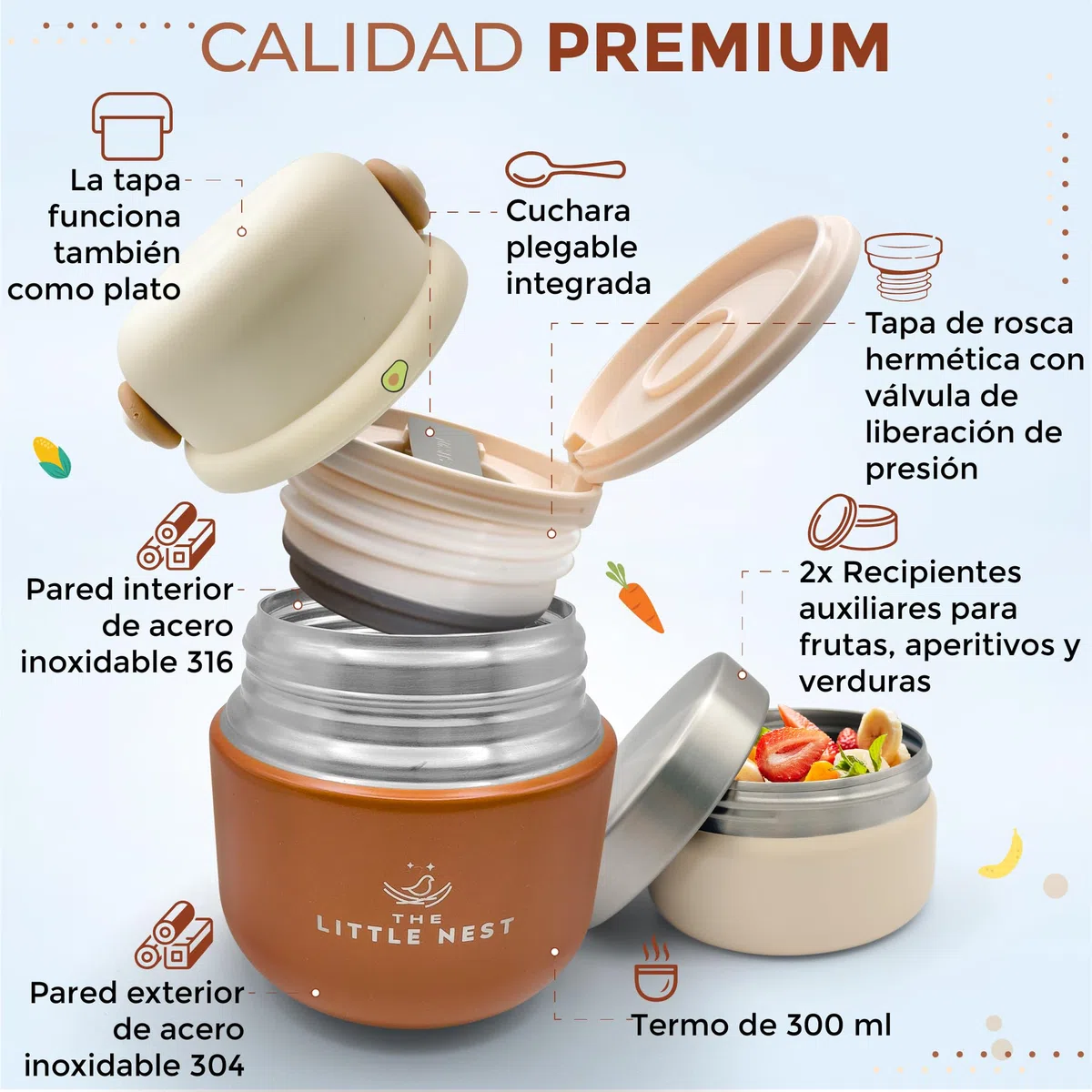 Set Thermos per alimenti per bambini 300 ml, in acciaio inox, 2 contenitori e custodia termica, chiusura ermetica, isolamento a doppia parete, mantiene caldo e freddo, senza BPA