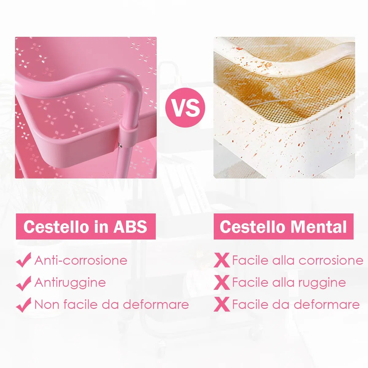 GYMAX Carrello Portaoggetti con Ruote, 3 Cassetti, Carrellino Organizzatore Salvaspazio, per Uffici, Parrucchieri, Studio, Soggiorno, 42x35x87cm (Rosa)