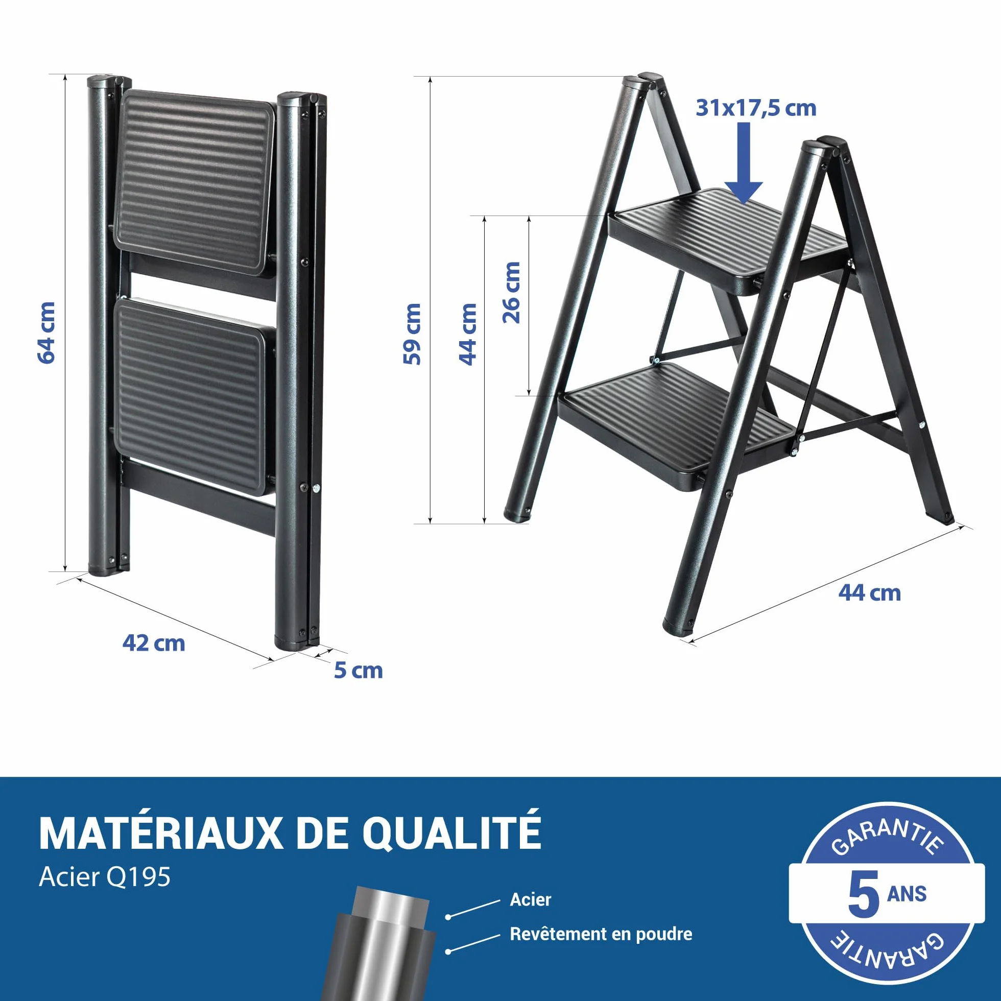 HOSTRÖM Scaletta 2 gradini FOLDPACT2, Sgabello scala pieghevole, Design ultracompatto, Gradini 17,5 cm, Acciaio, Ripiano temporaneo, Garanzia 5 anni.