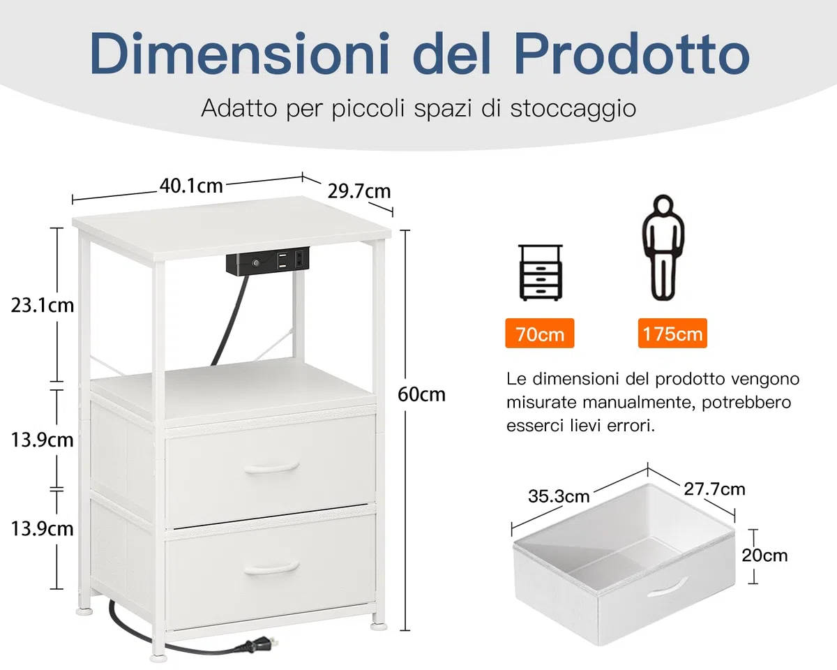Coleshome Comodino Camera da Letto Bianco, con 2 Prese USB e 1 Presa di Corrente e Luci a LED, Comodini con 2 Cassetti in Tessuto e 1 Vano Portaoggetti, 40 * 30 * 60cm, Confezione da 1