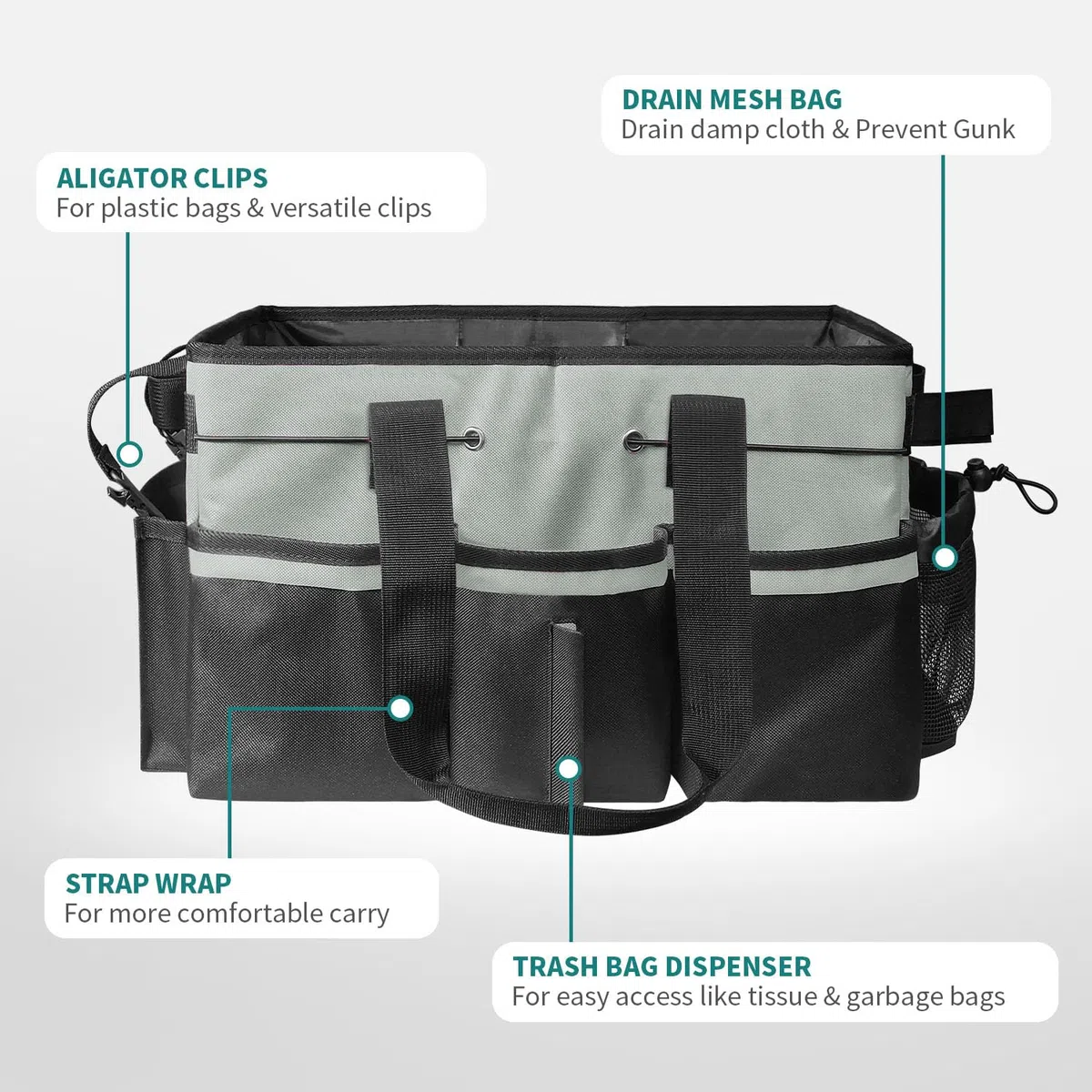 Borsa portaoggetti per pulizie, organizer con manico per governanti, sotto il lavandino e organizer per strumenti di pulizia dell'auto, grigio